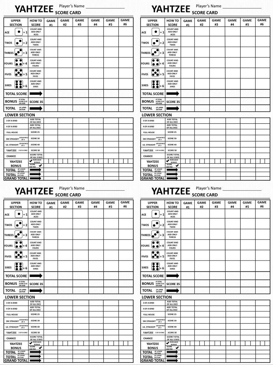 Four Yahtzee Score Card Four Yahtzee Scoresheet Four Yahtzee Score Pads Printable File PDF Download 8 5x11 Etsy
