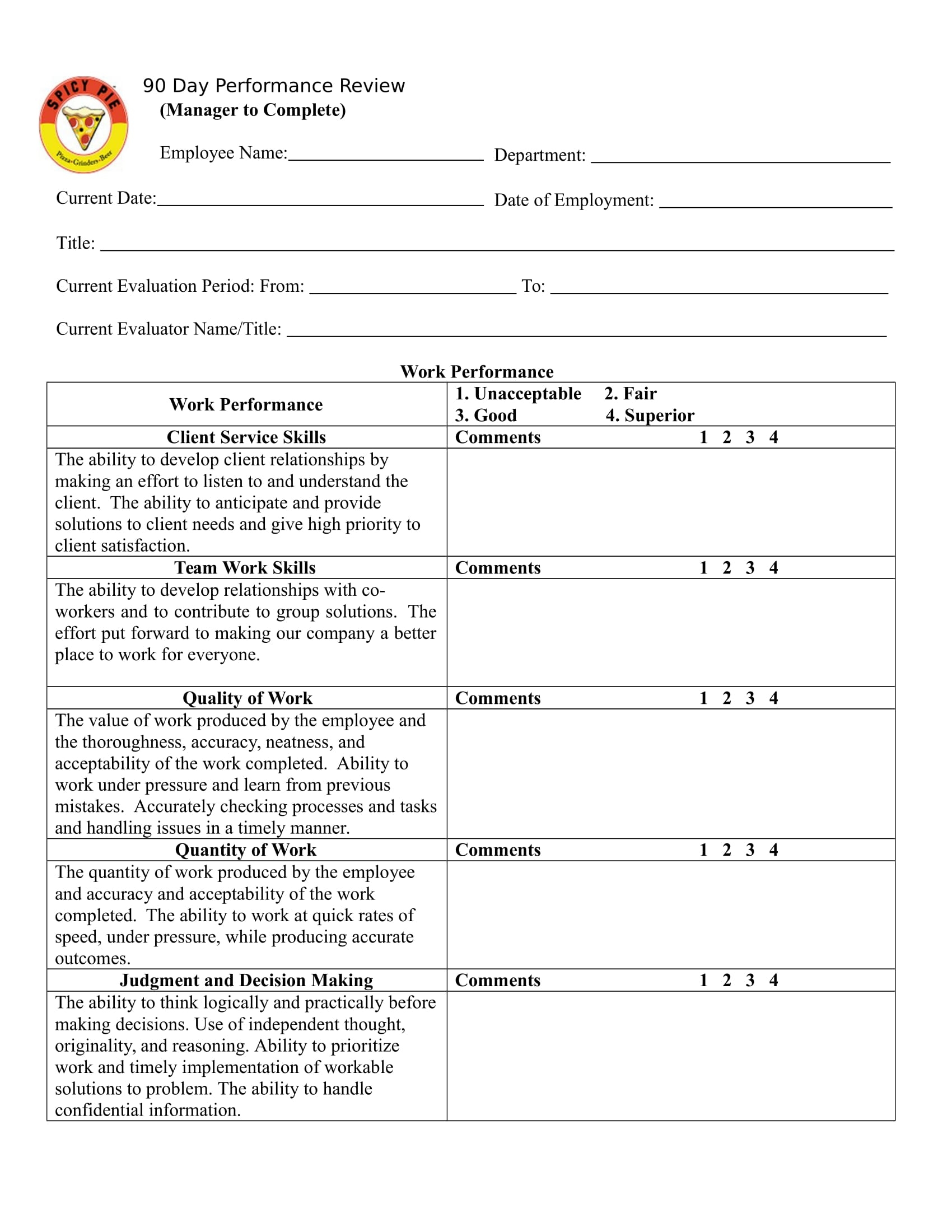 90 Day Employee Review Form