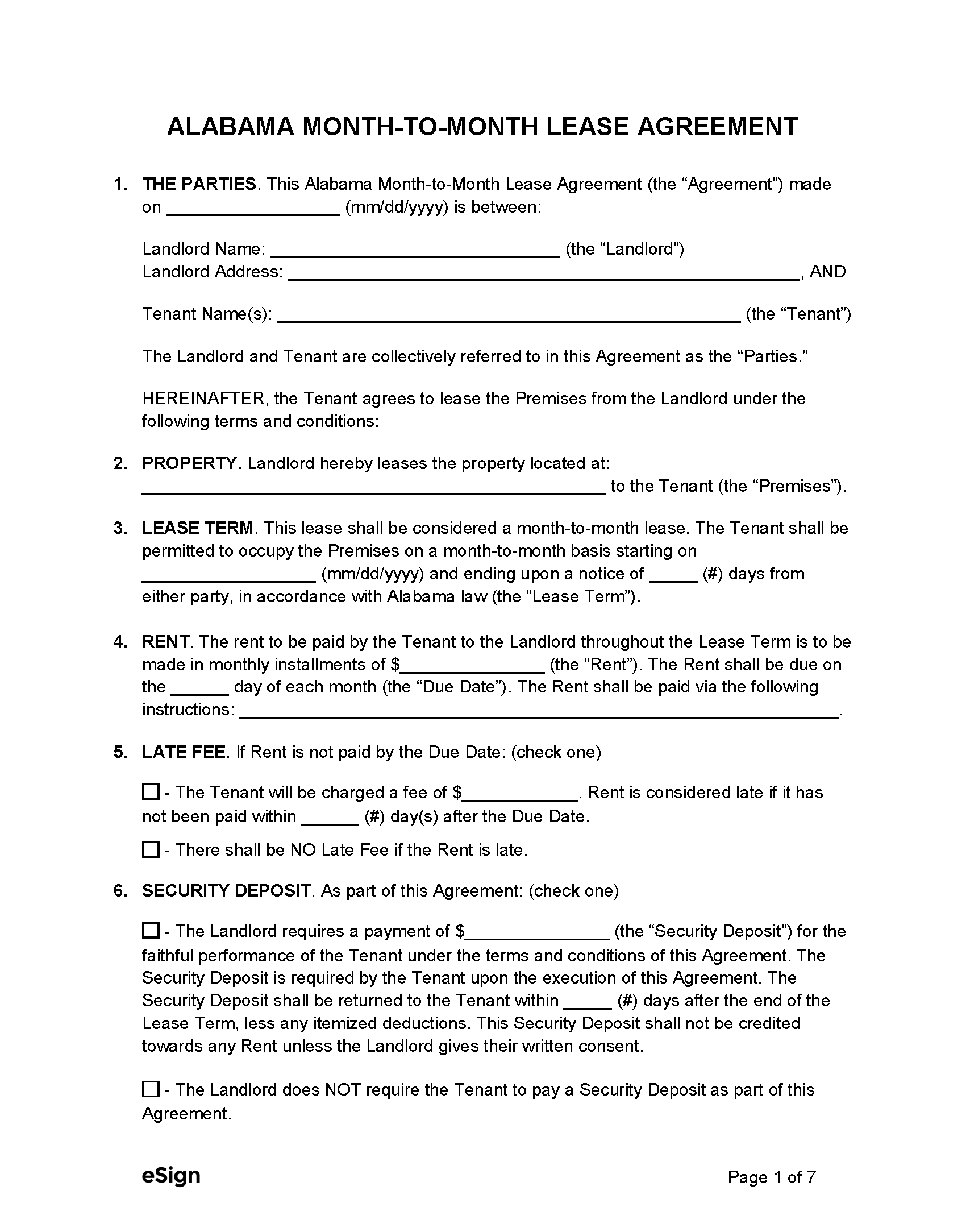 Free Alabama Month to Month Lease Agreement Template PDF Word