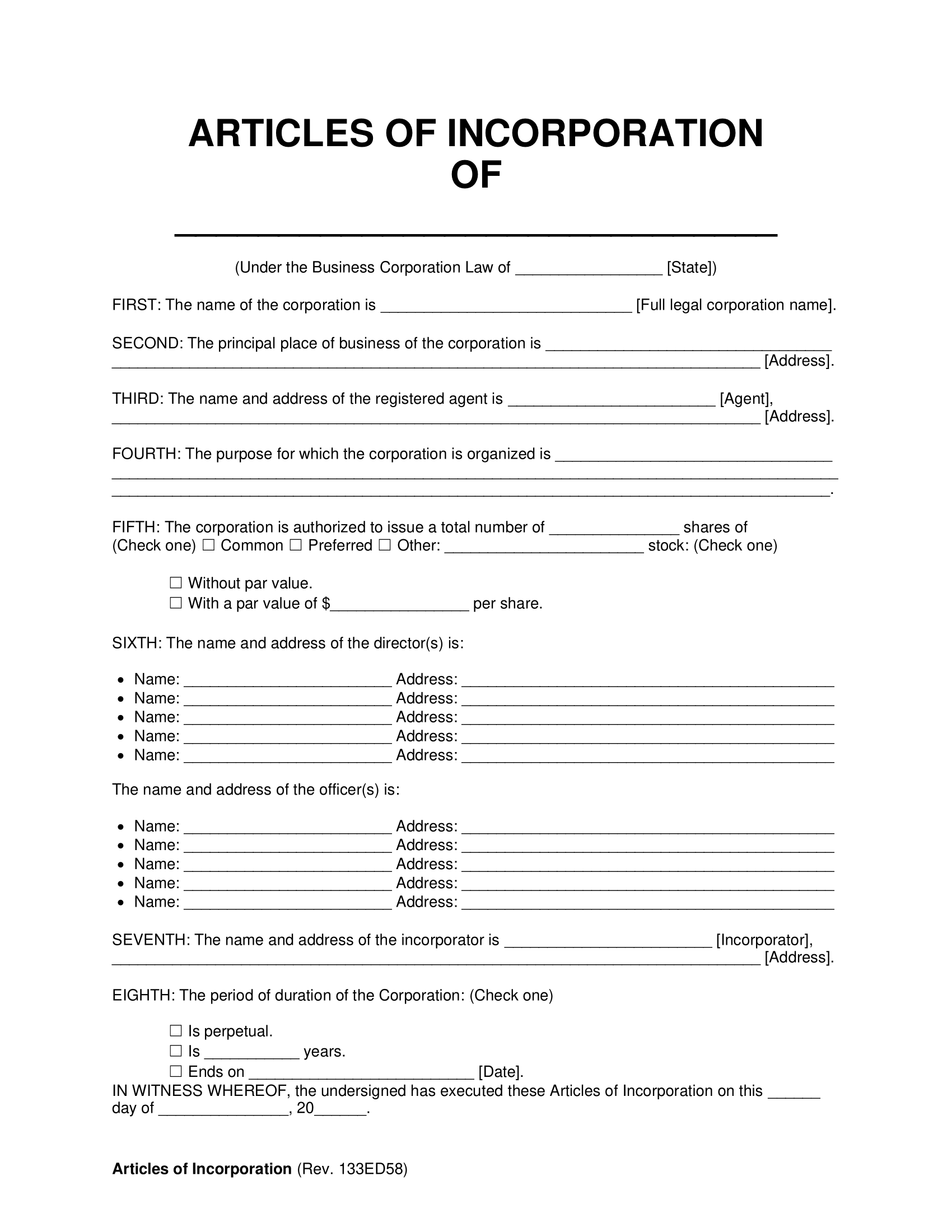 Free Articles Of Incorporation Template PDF Word