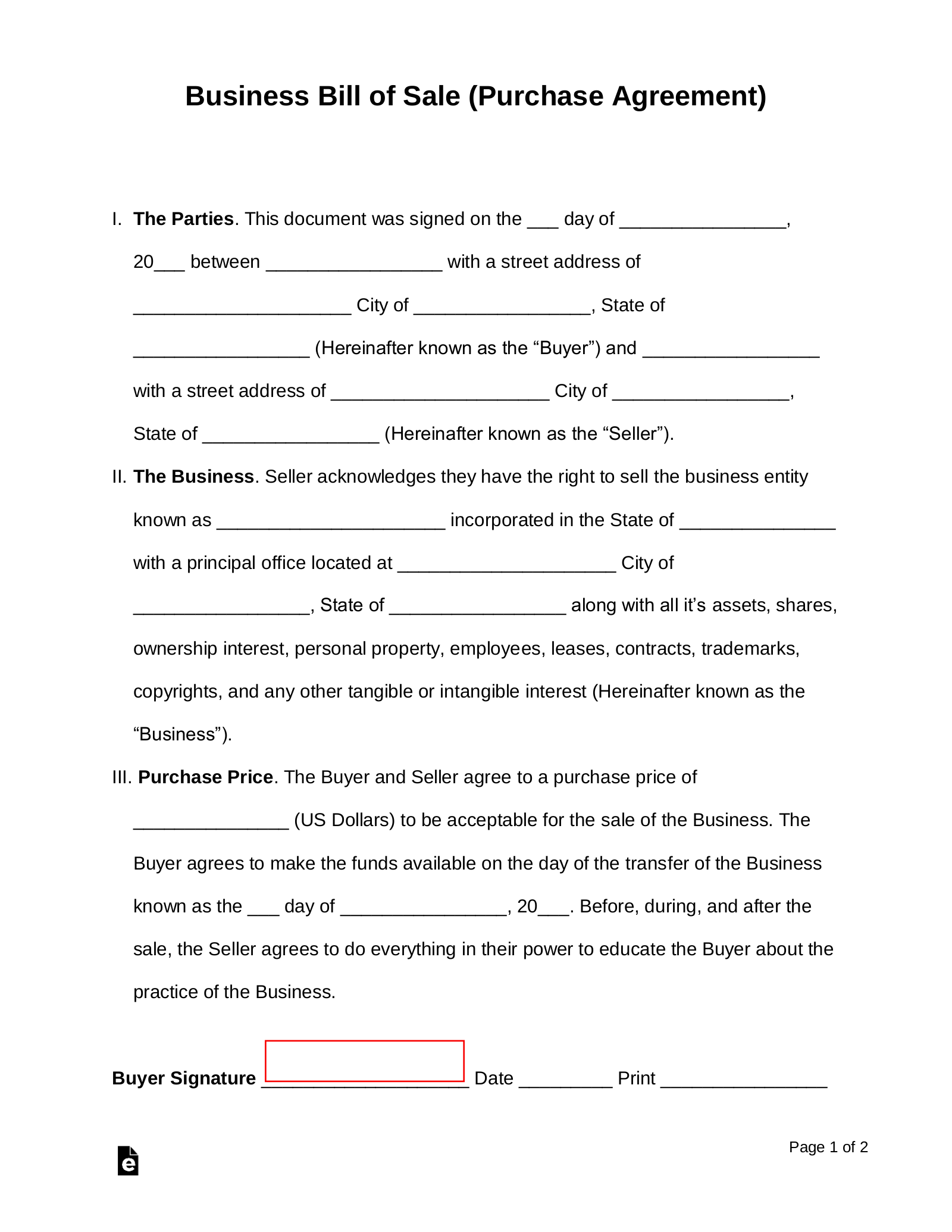 Free Business Bill Of Sale Form PDF Word EForms