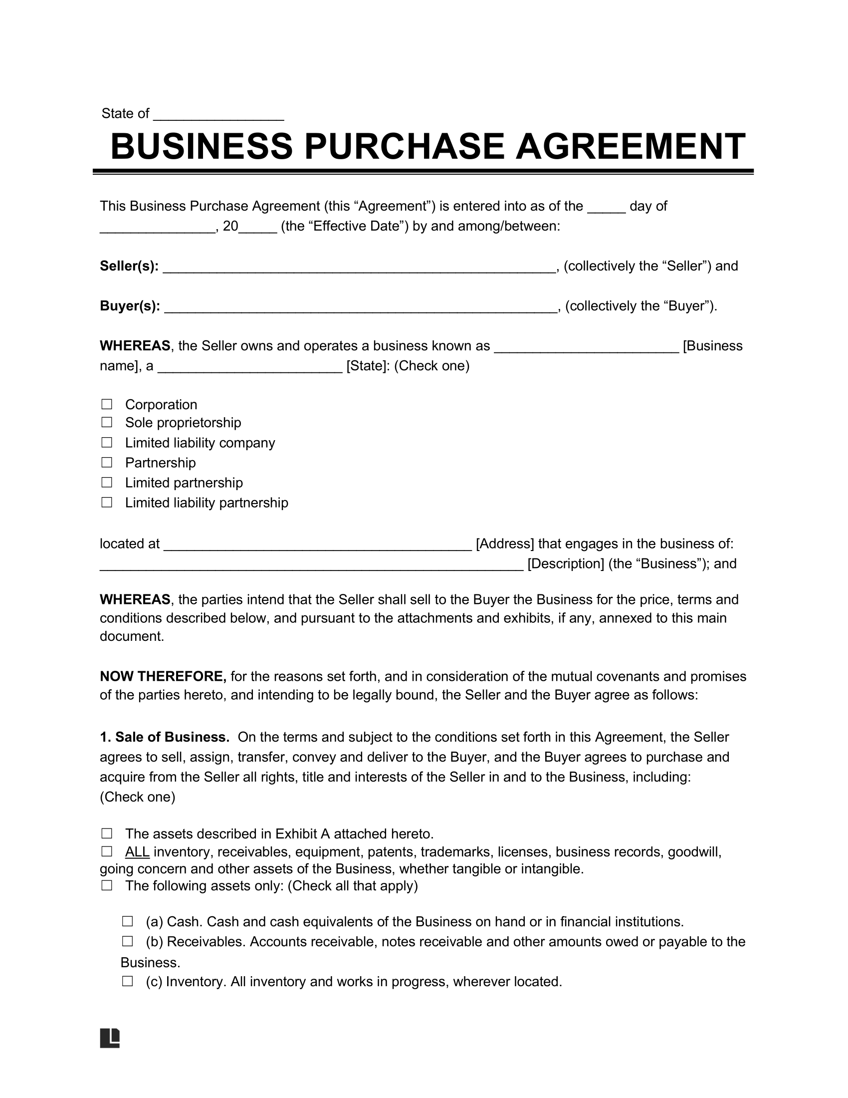 Free Business Purchase Agreement Template PDF Word