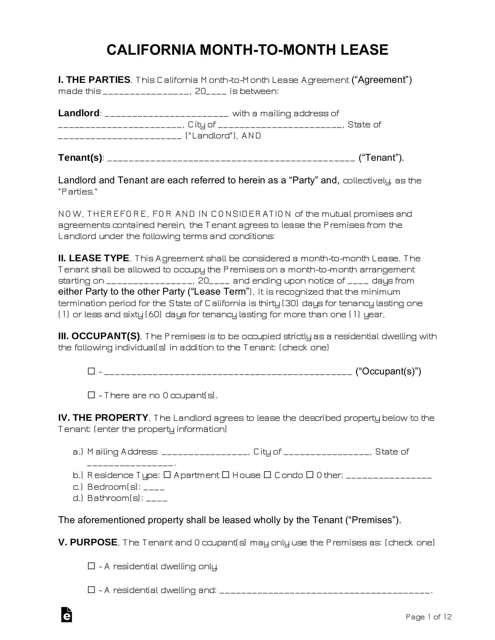 Free California Month to Month Lease Agreement PDF Word EForms