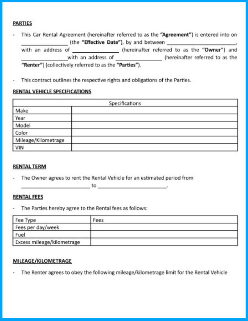 Personal Car Rental Agreement Form