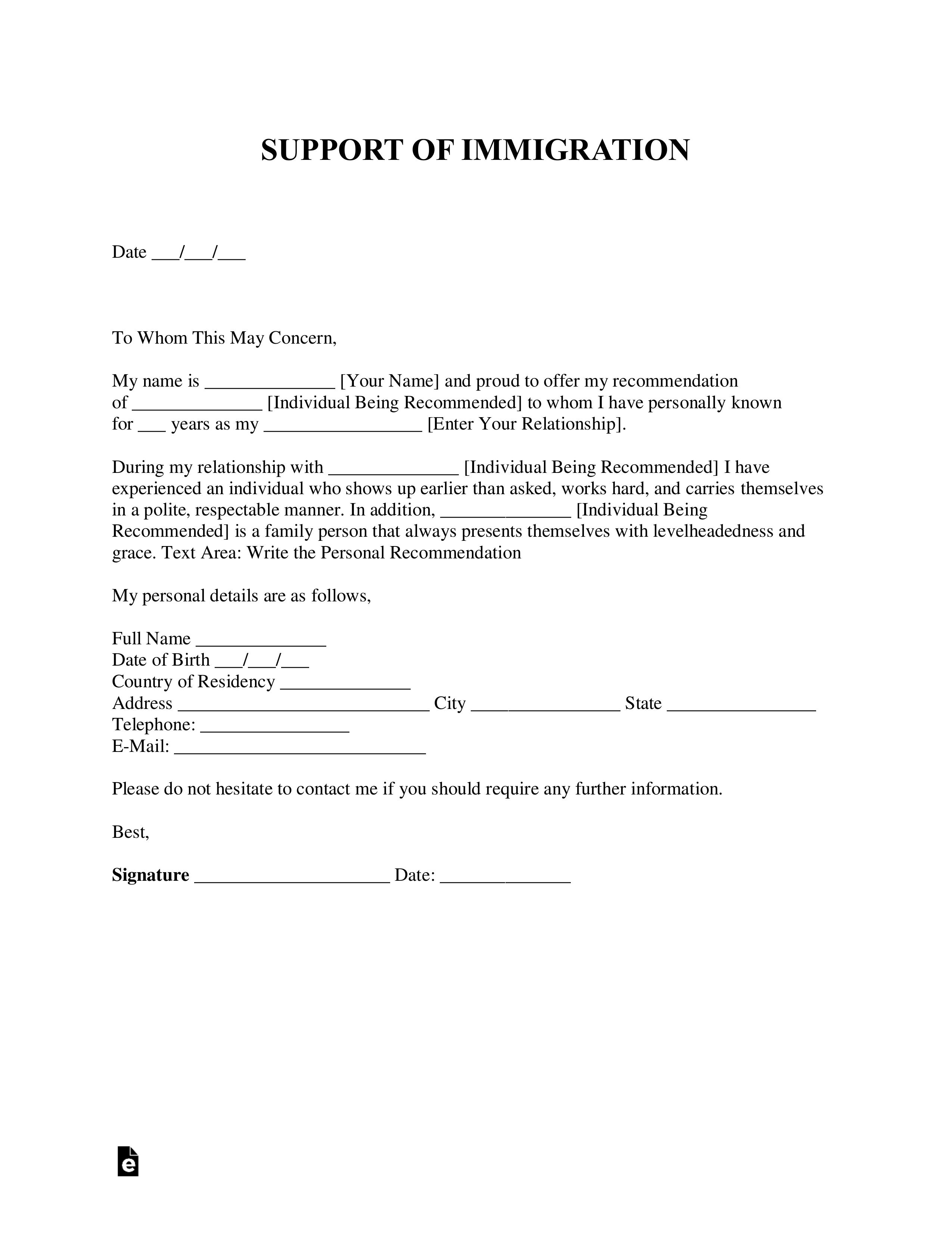 Free Character Reference Letter For Immigration Template Examples PDF Word EForms