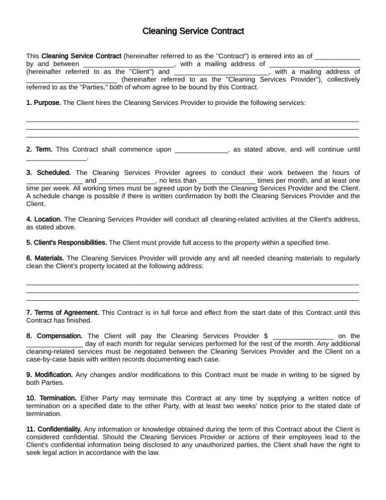 Cleaning Service Contract Agreement Template