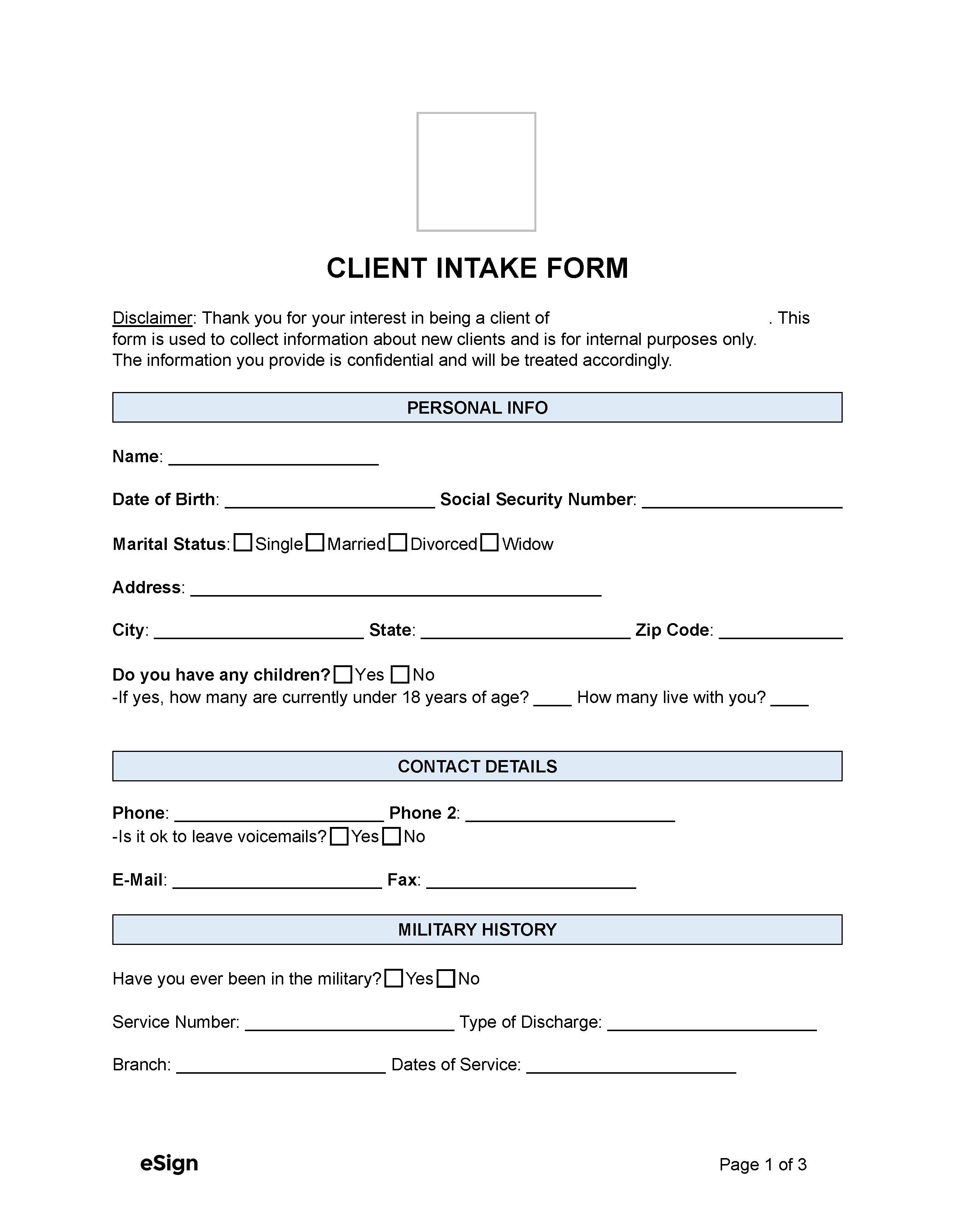 Printable Client Intake Form Template