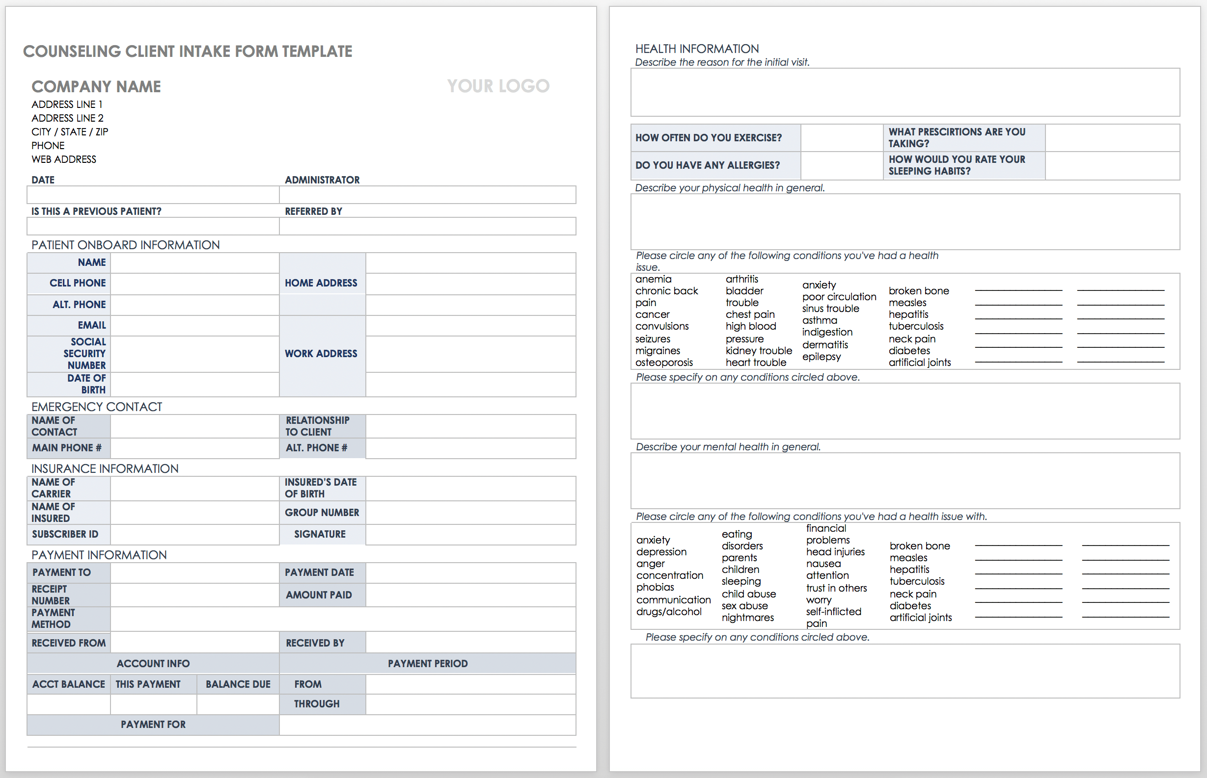 Printable Client Intake Form Template