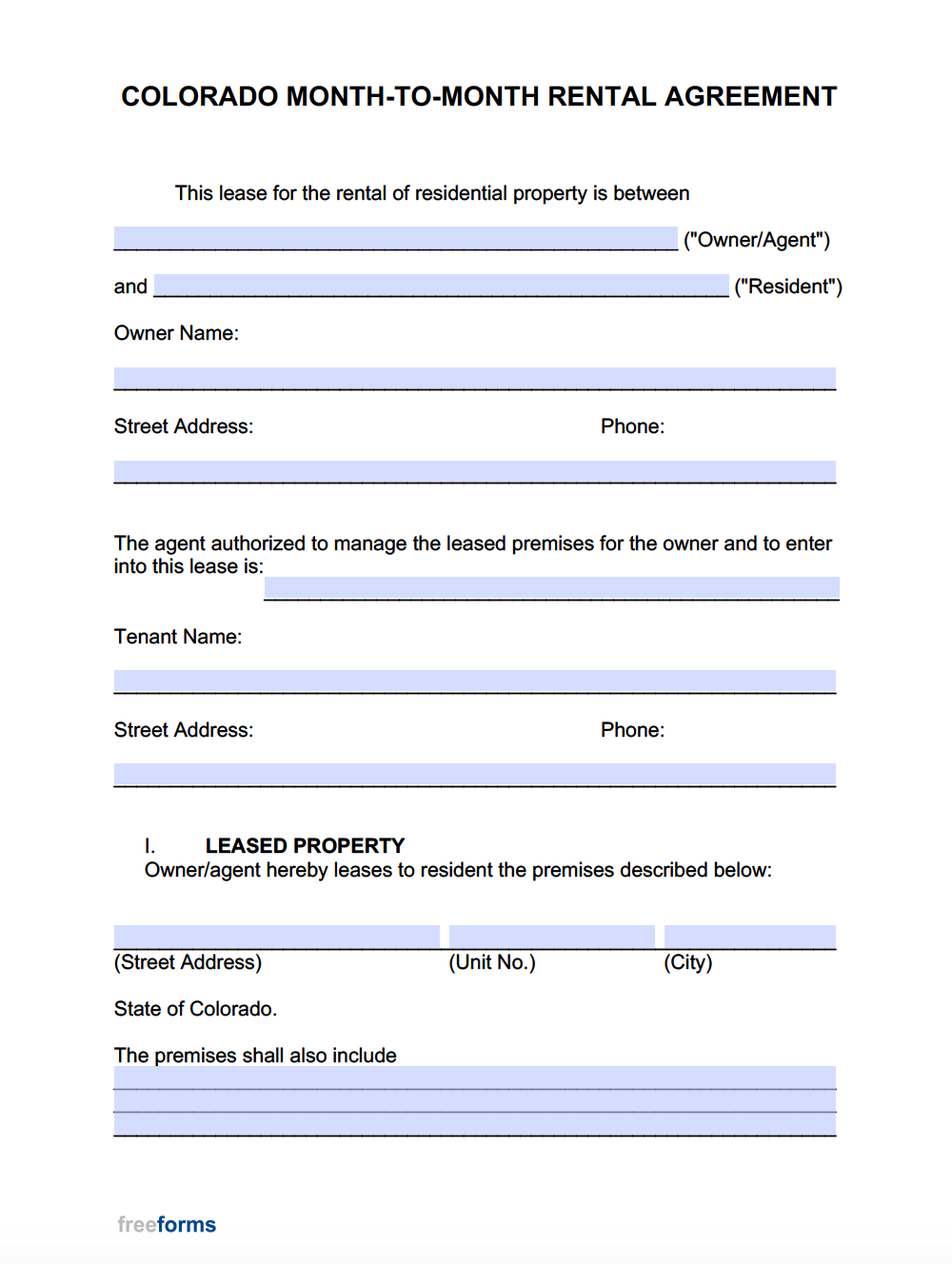 Free Colorado Month to Month Lease Agreement PDF WORD