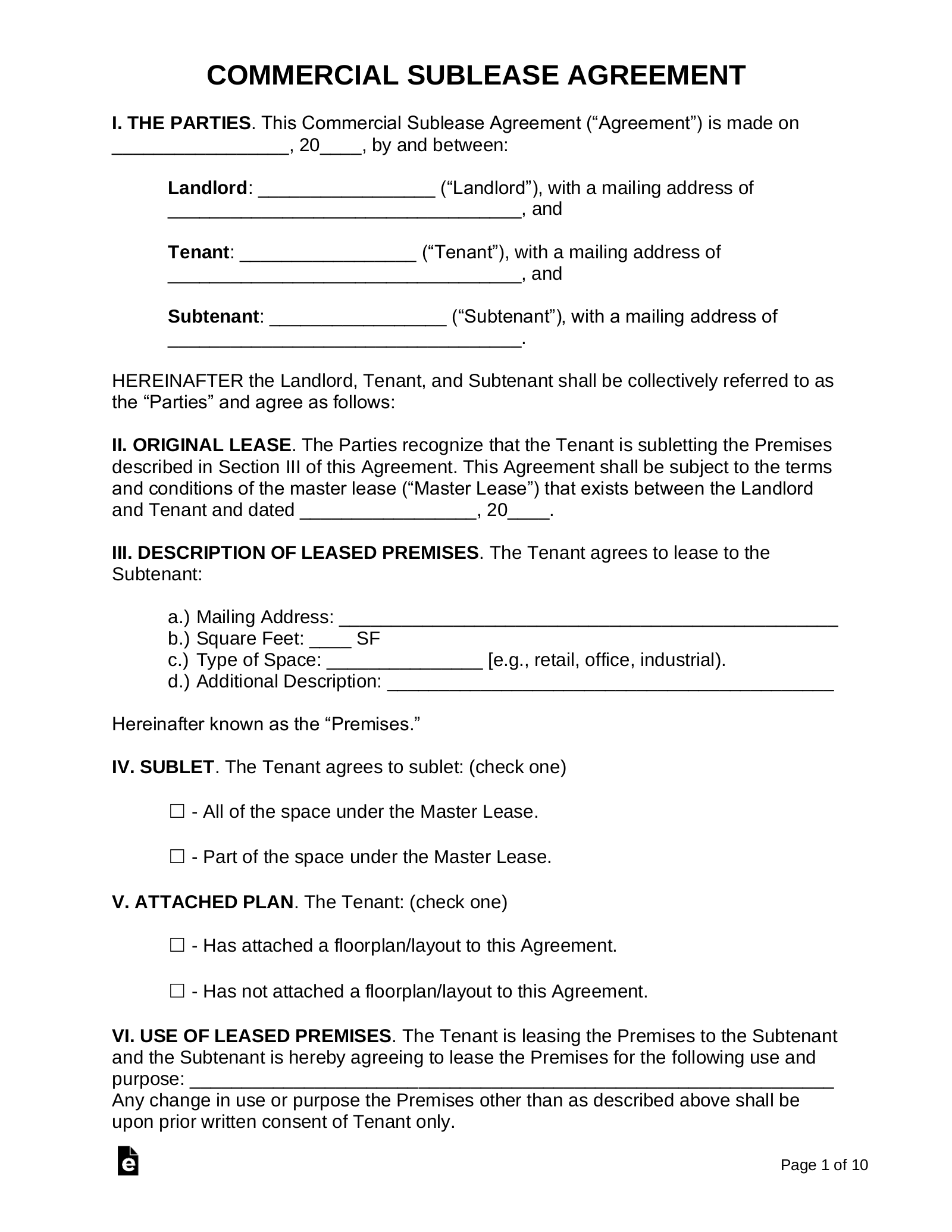 Free Commercial Sublease Agreement Template PDF Word EForms
