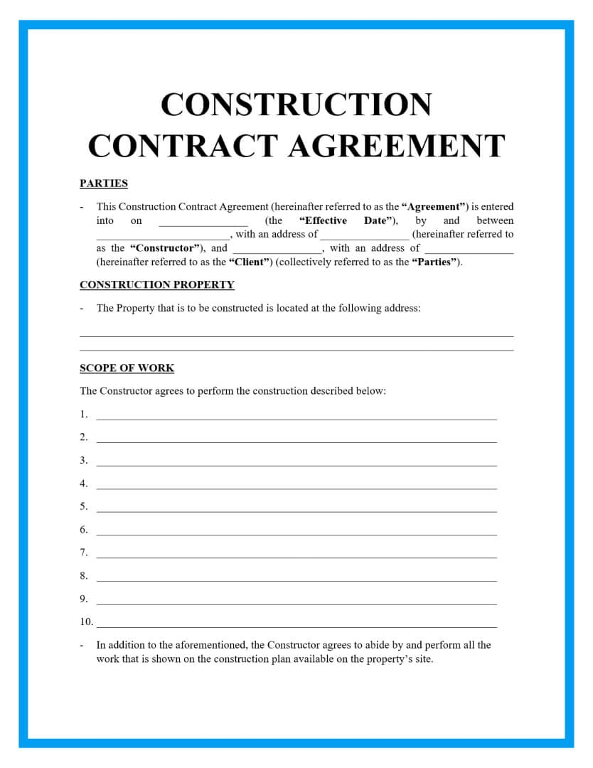 Residential Construction Contract Template Free