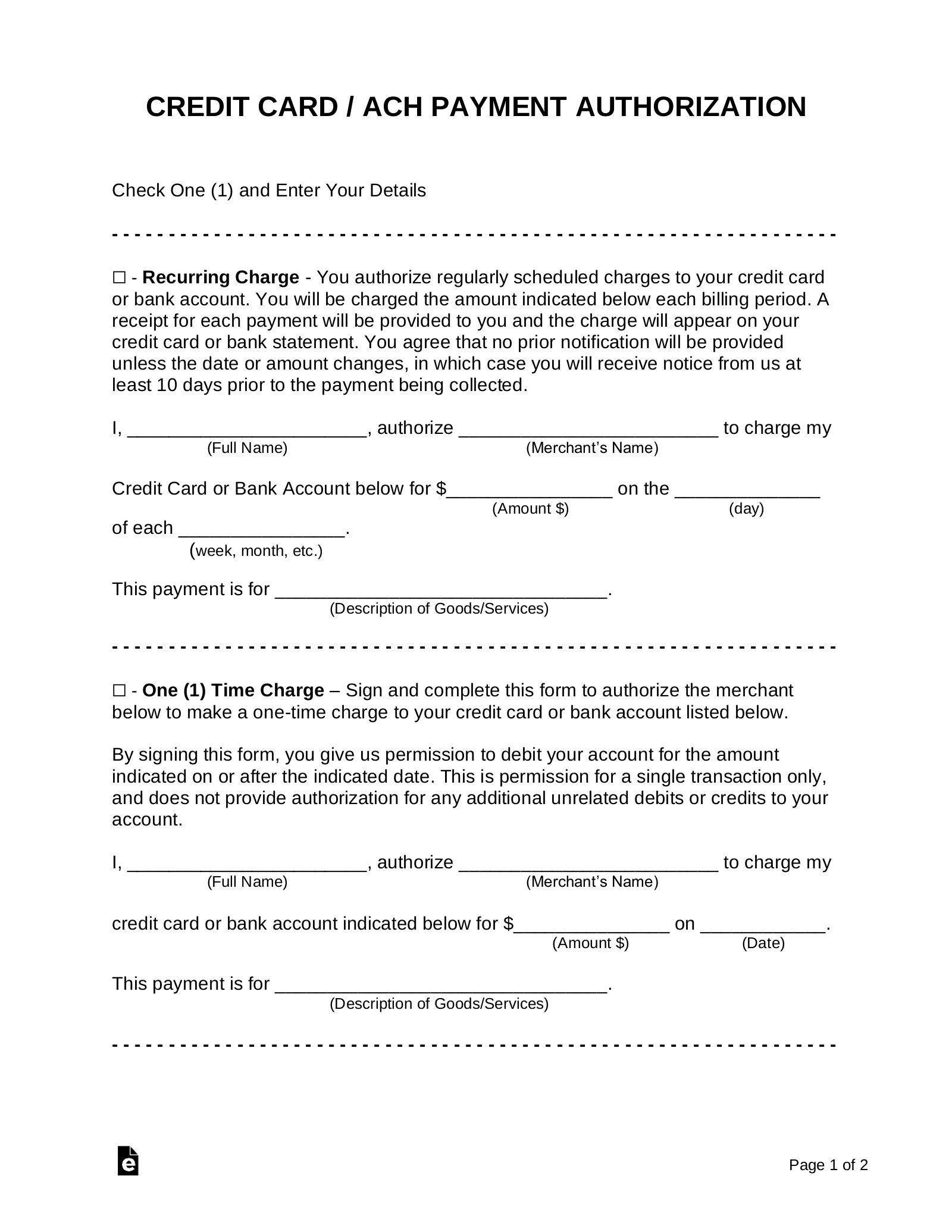 Credit Card Authorization Form Template Free Download