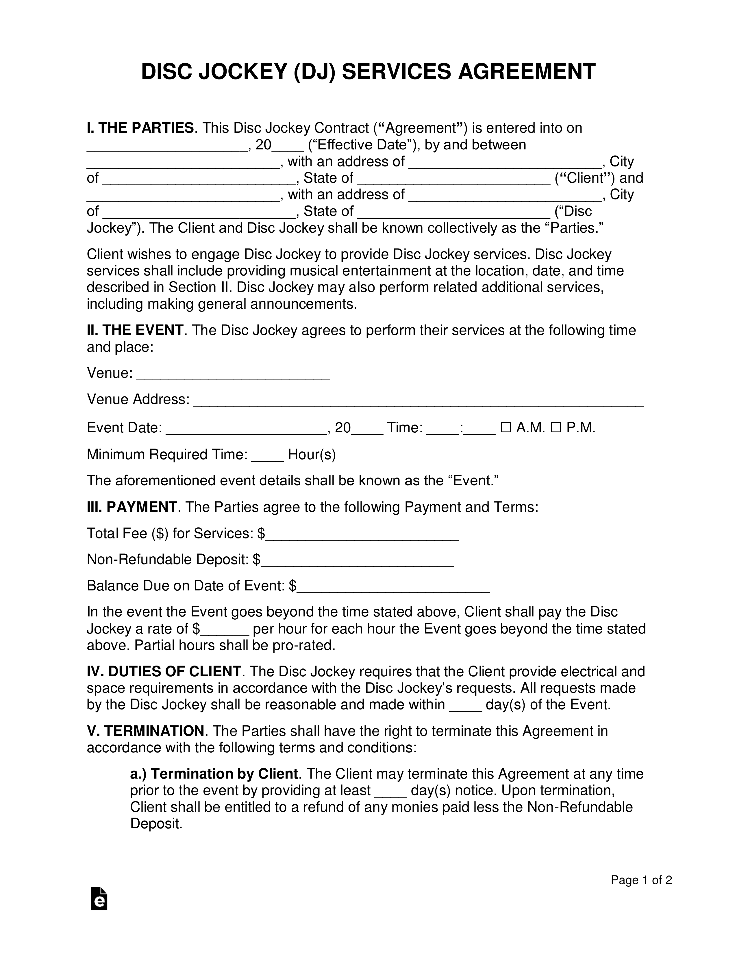 Free Disc Jockey DJ Services Contract PDF Word EForms