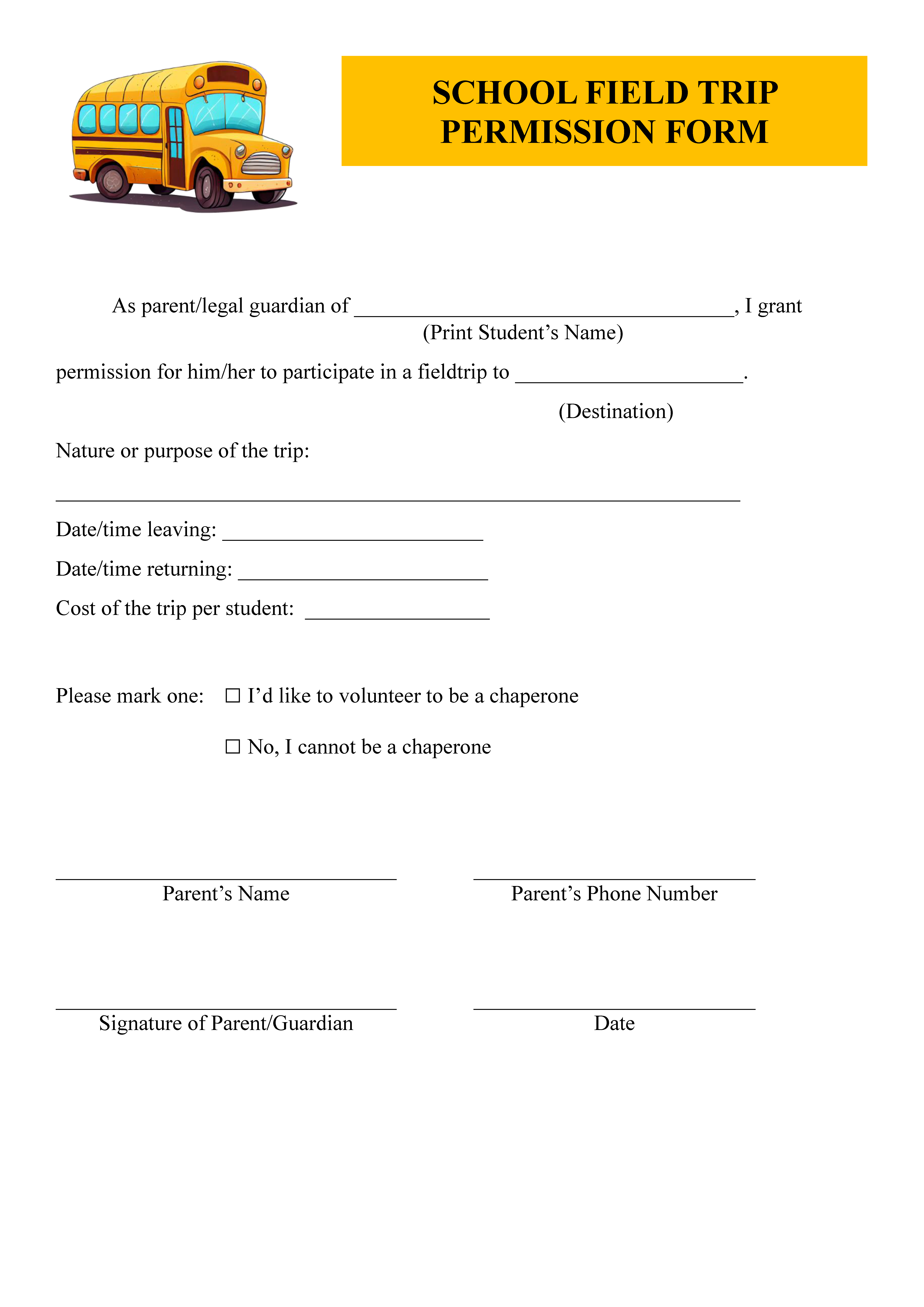 Editable Field Trip Permission Slip