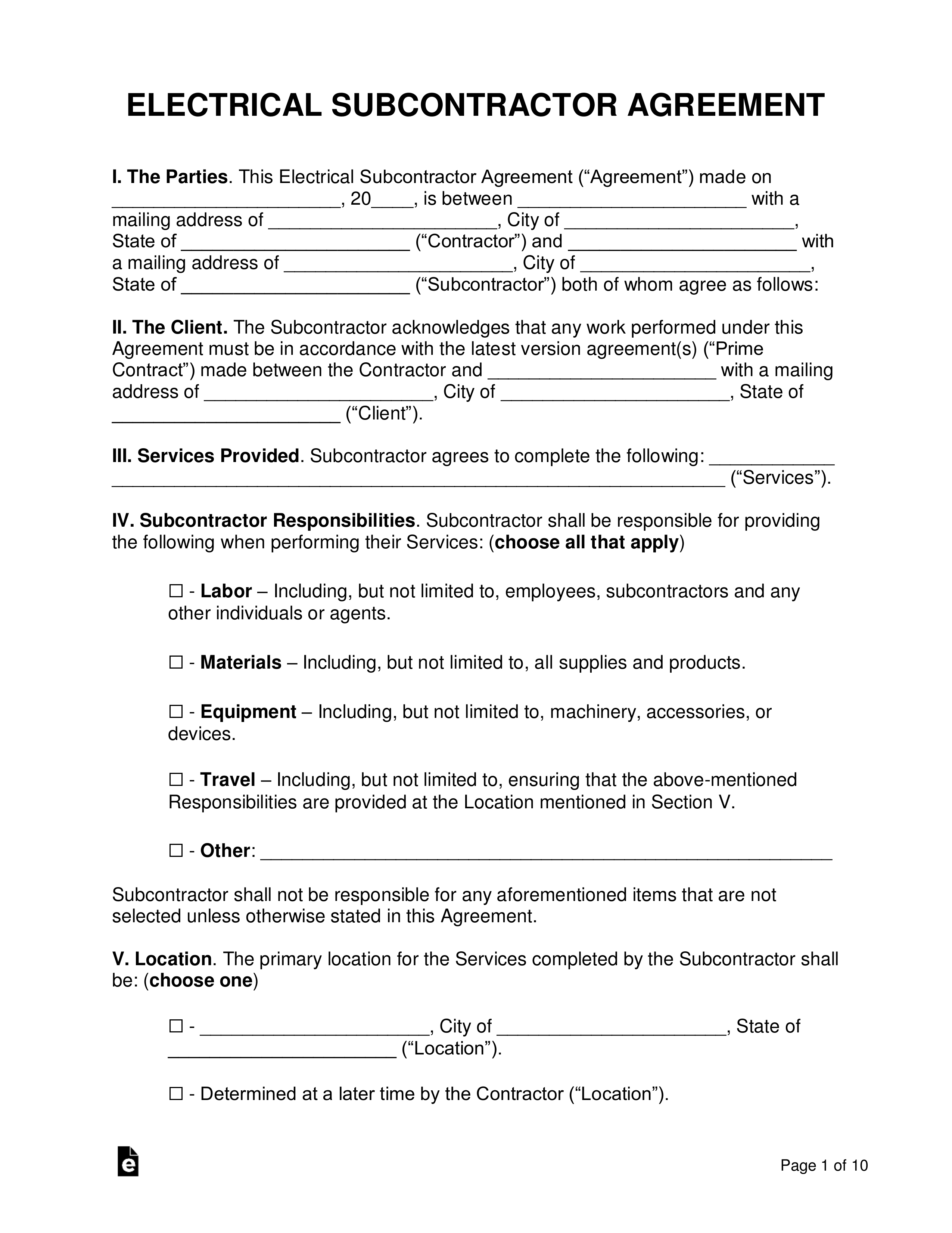 Agreement Between Owner And Electrical Contractor