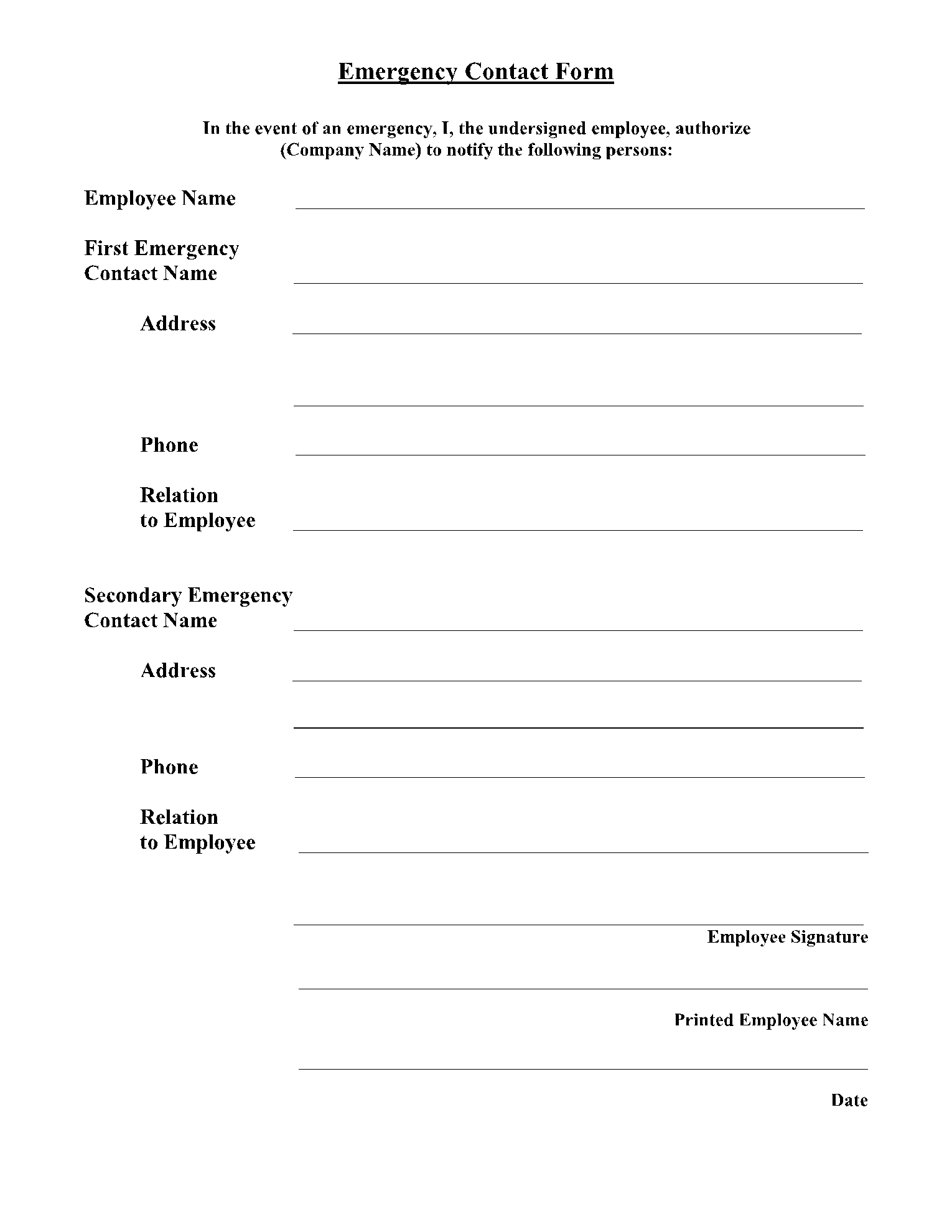 Emergency Contact Forms For Employees