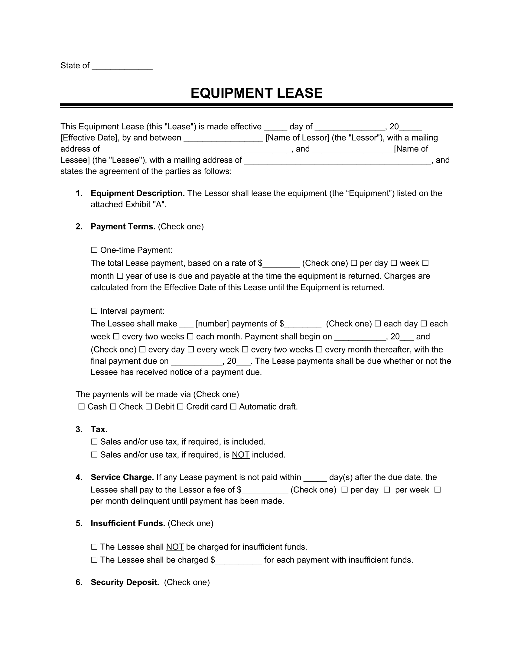 Equipment Lease To Own Agreement Template Word
