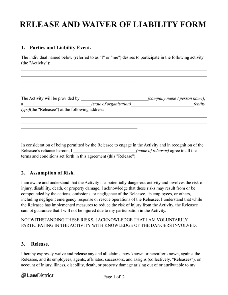 Free General Release Of Liability Waiver Form LawDistrict