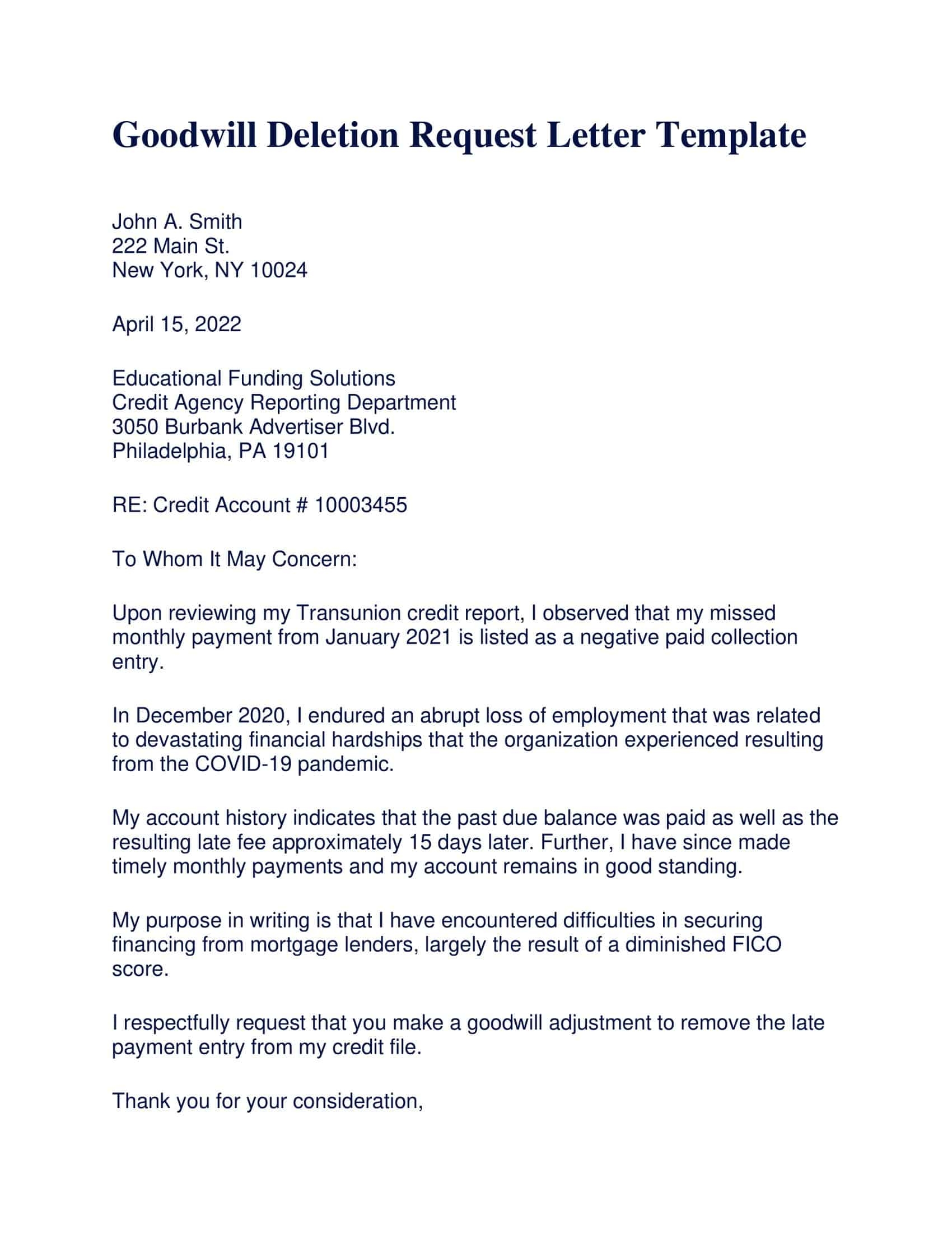 Goodwill Letter Template To Remove Paid Collections