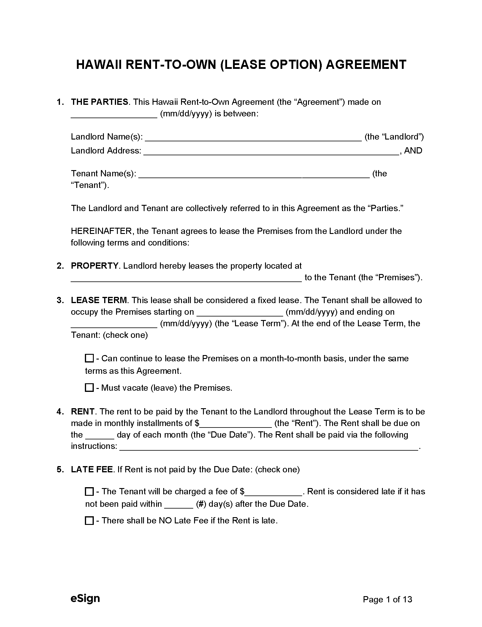 Free Hawaii Rent to Own Lease Option Agreement PDF Word