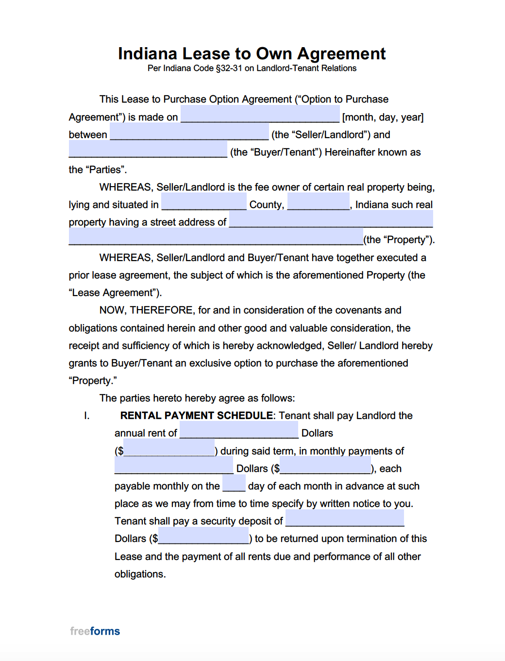 Free Printable Lease To Own Agreement