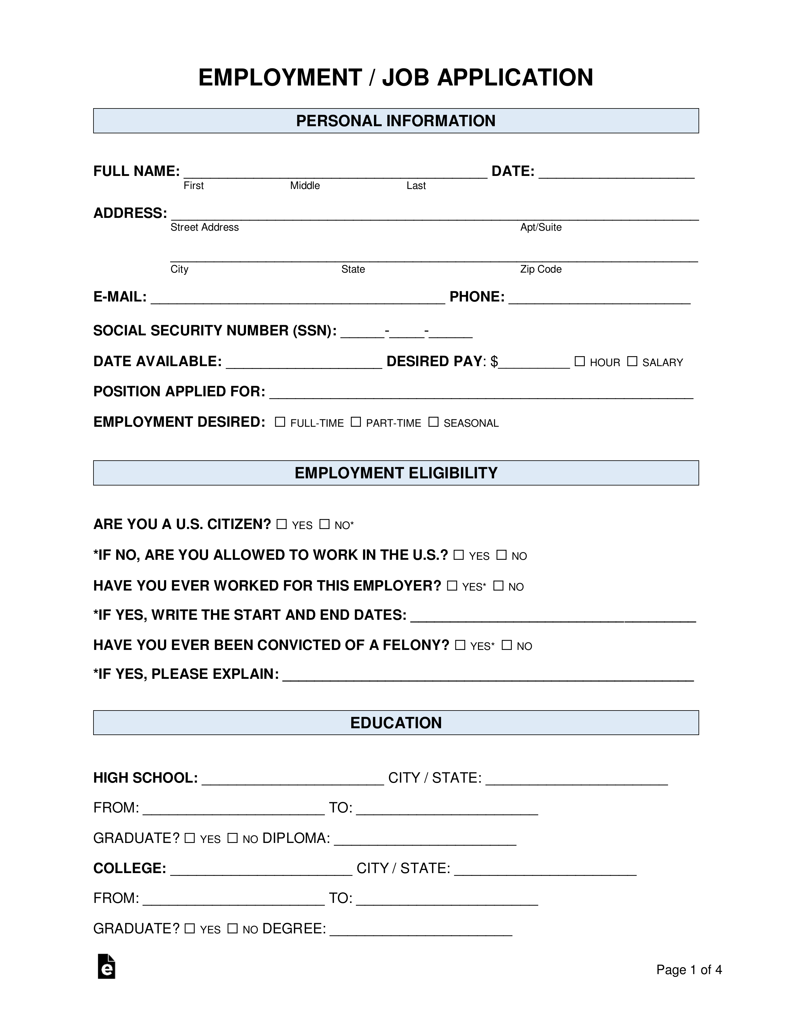 Free Job Application Form standard Template PDF Word EForms