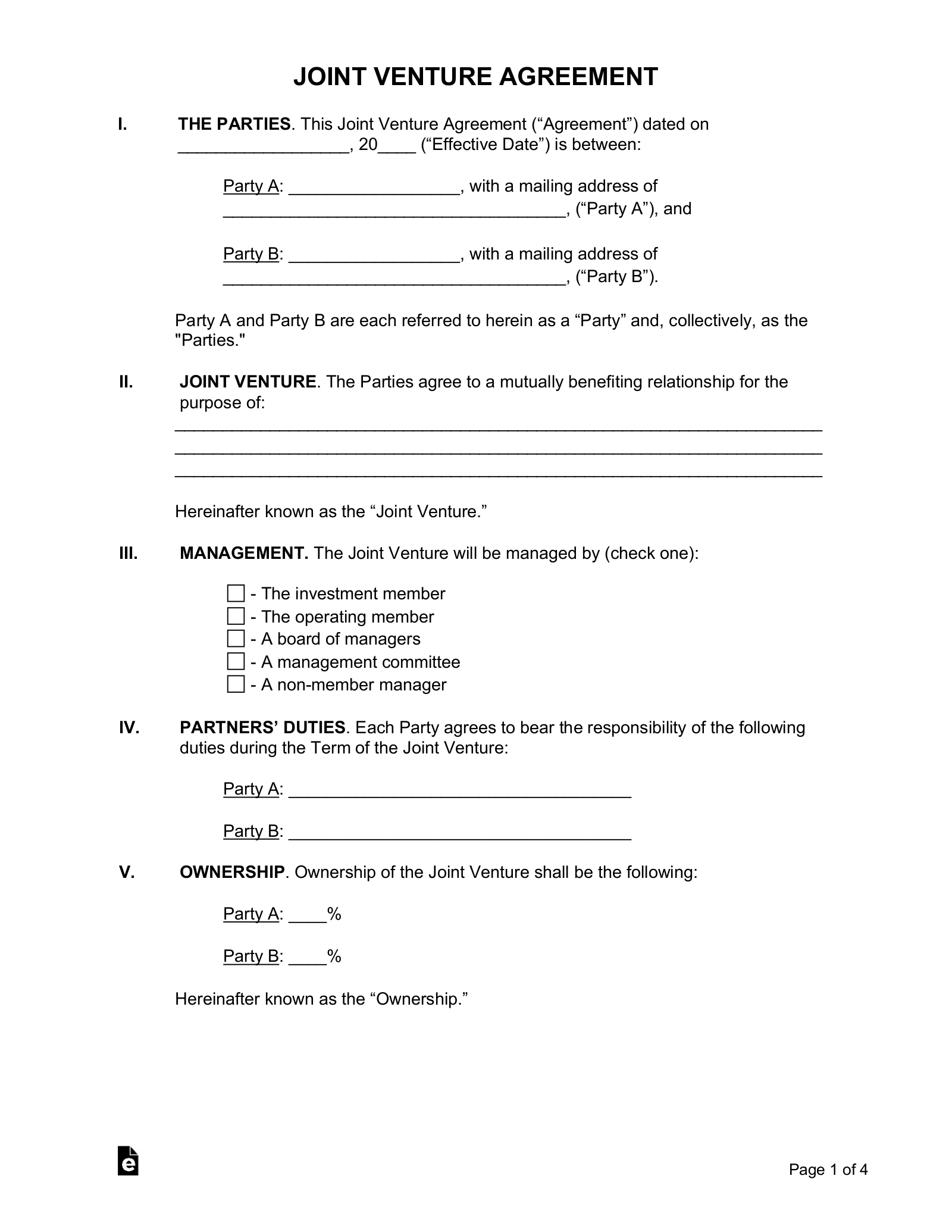 Free Joint Venture Agreement Template PDF Word EForms