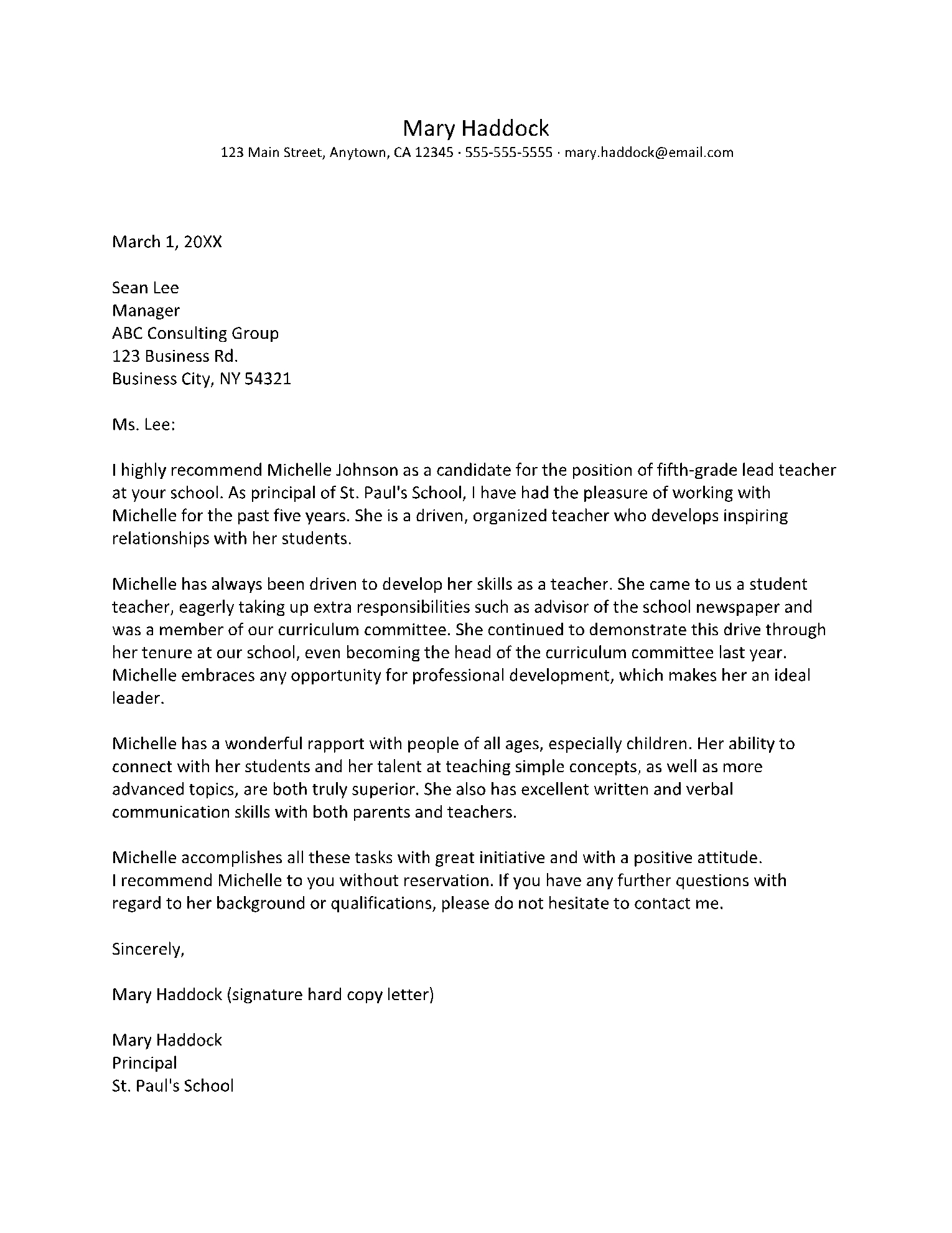 Letter Of Recommendation From A Teacher To A Student