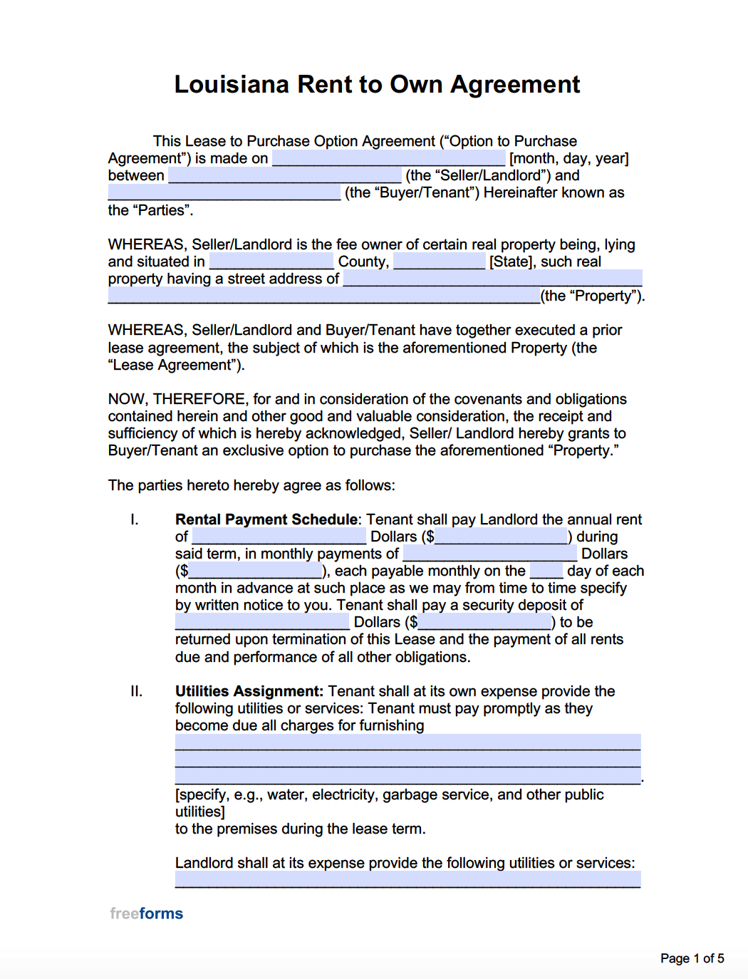 Free Louisiana Rent To Own Agreement Form PDF WORD