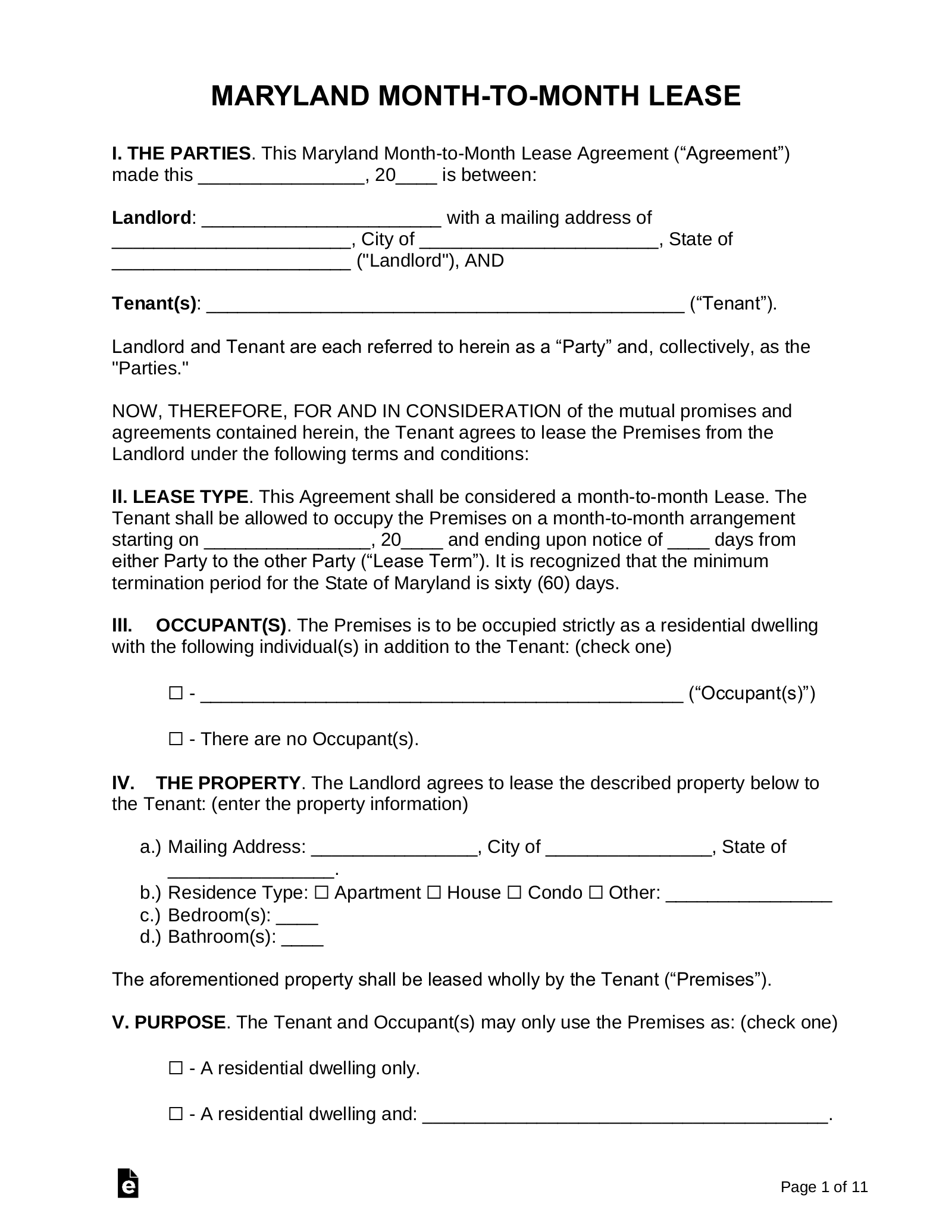 Month To Month Room Lease Agreement