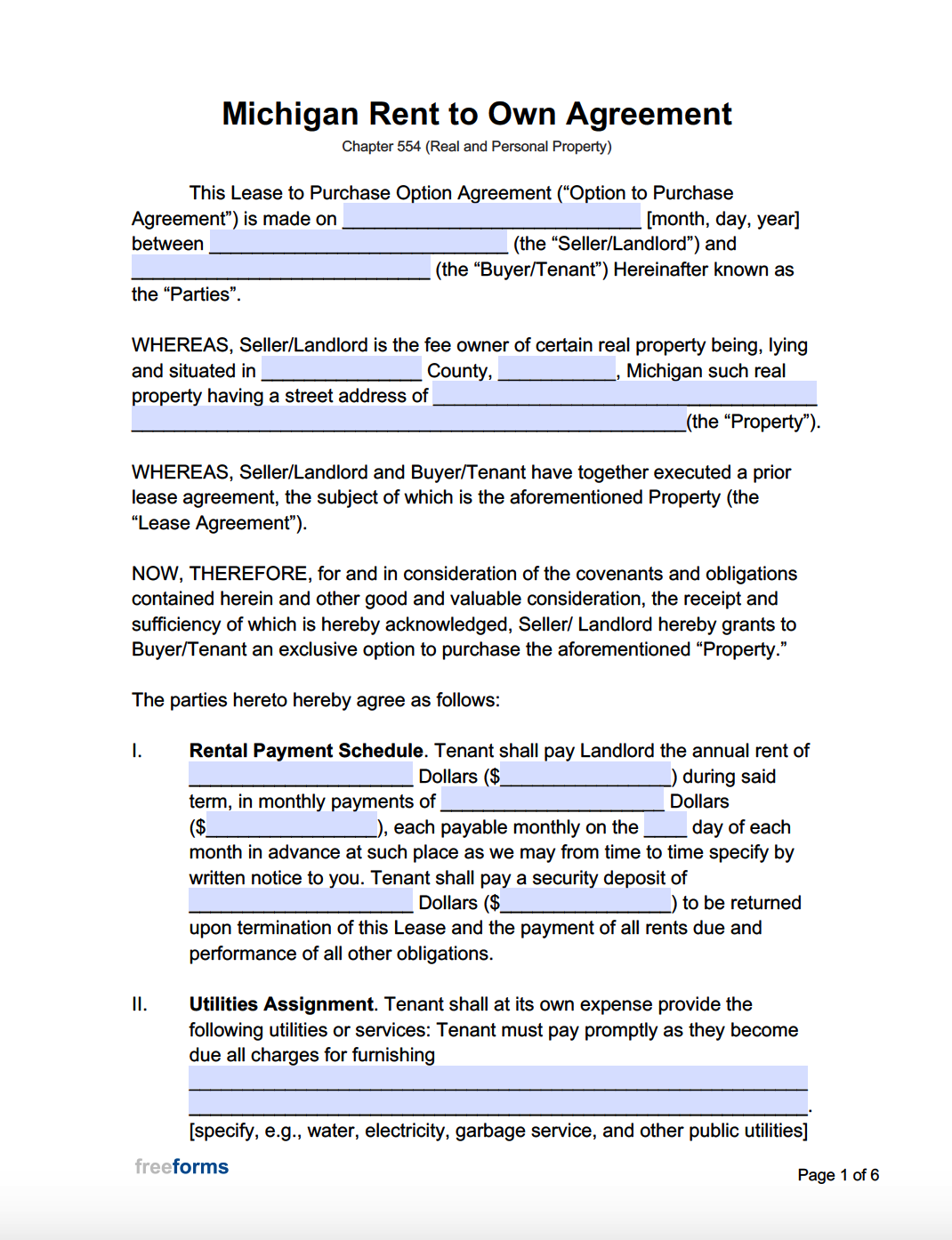 Free Michigan Rent To Own Agreement Form PDF WORD