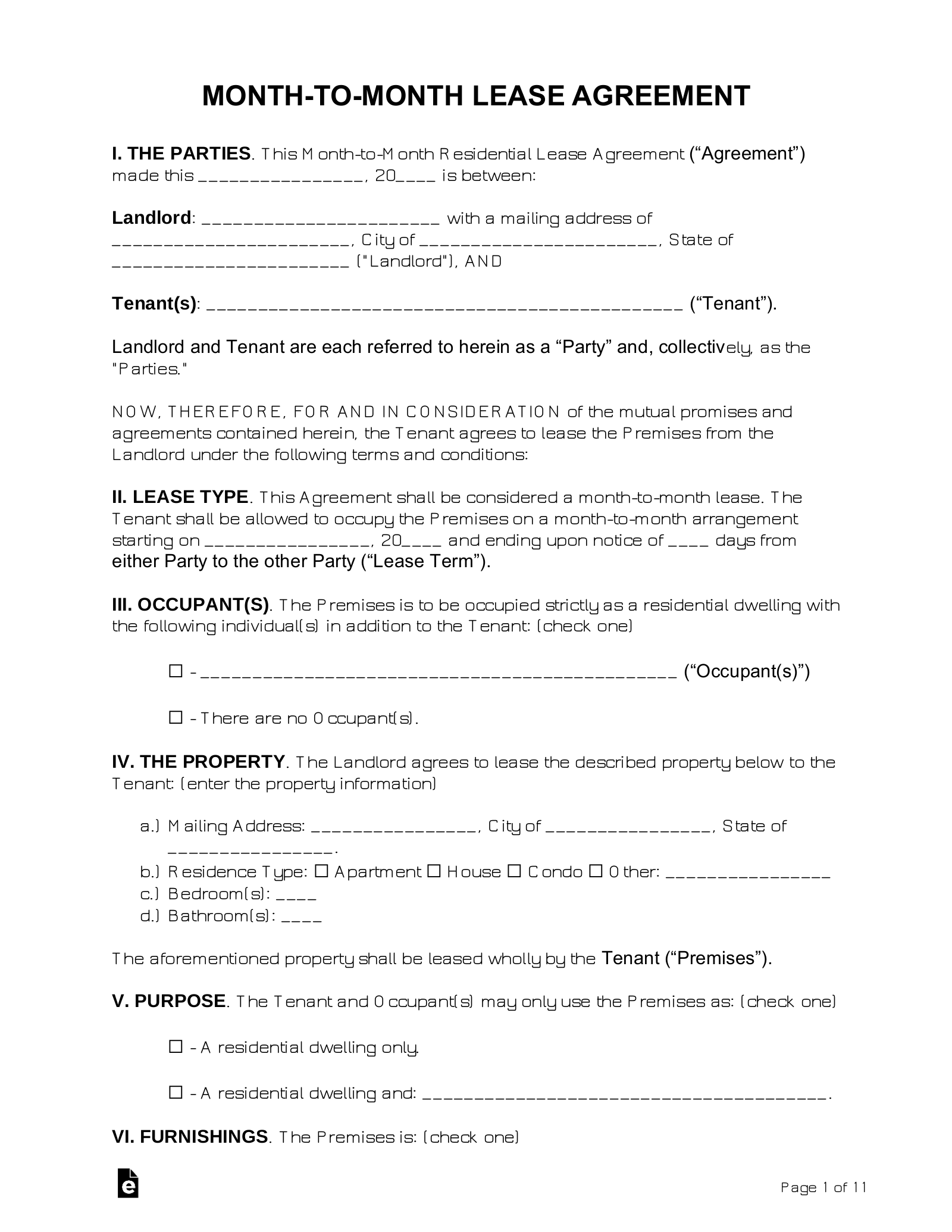 Free Month to Month Rental Agreement Template PDF Word EForms