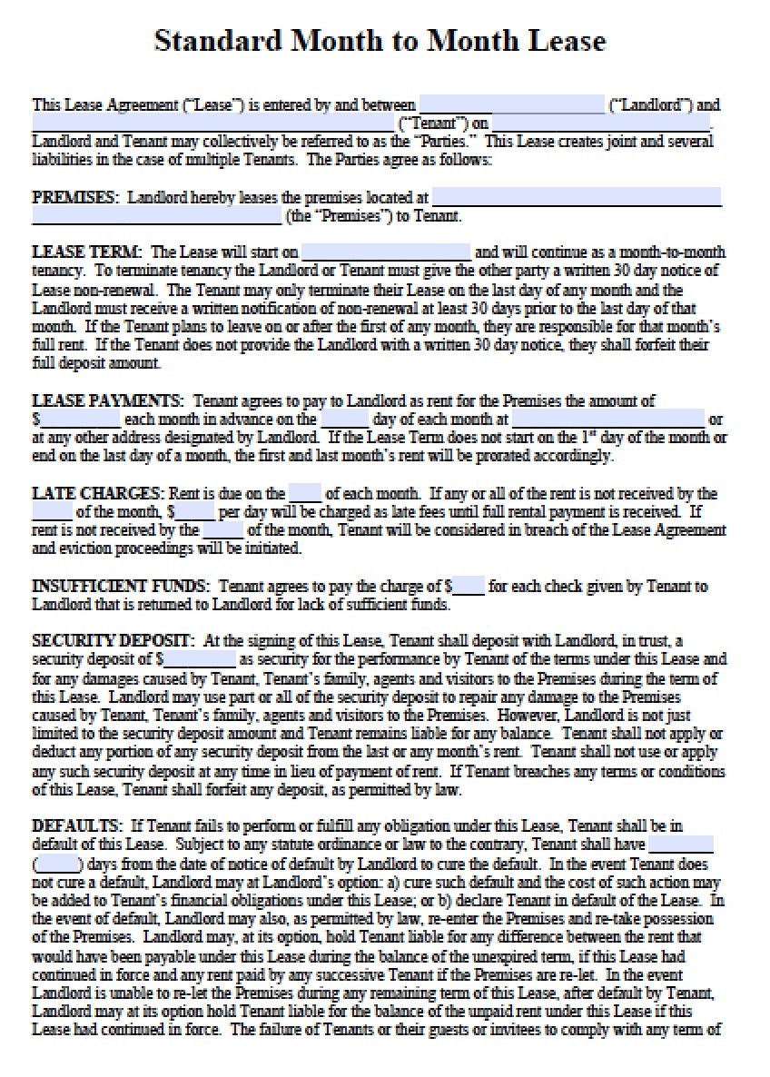 Free Month To Month Lease Agreement Form