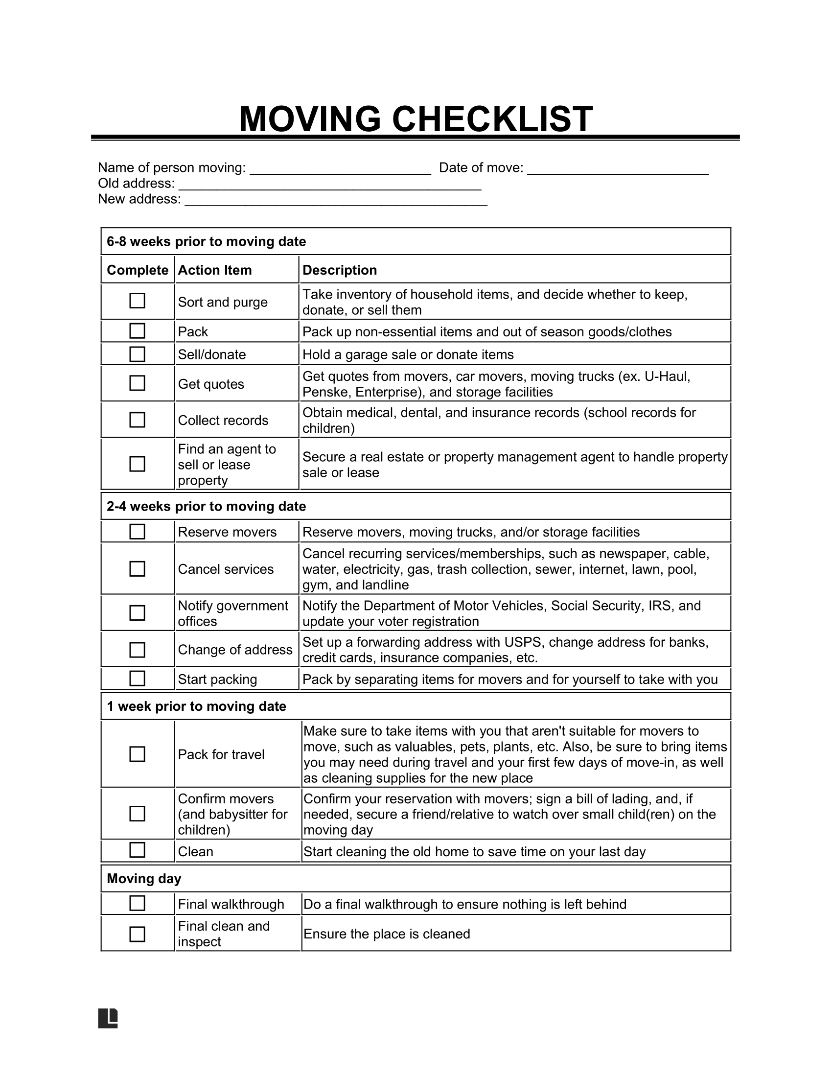 Free Moving Checklist Template PDF Word Legal Templates