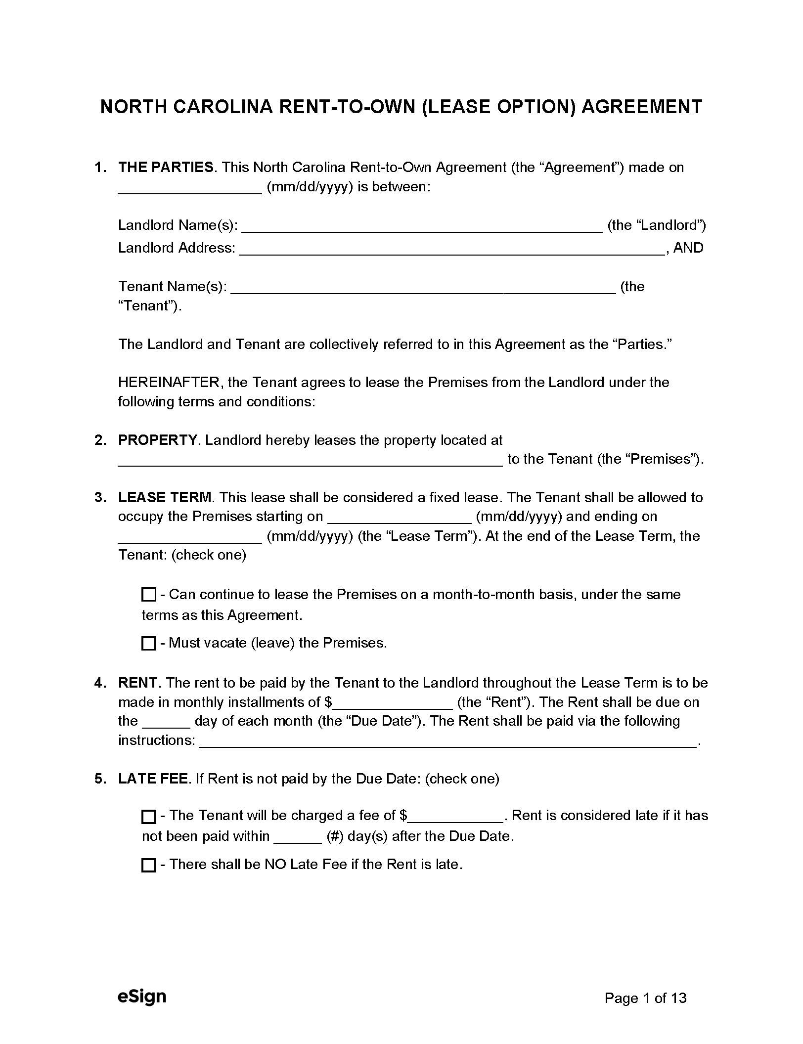 Printable Free Rent To Own Contract Pdf