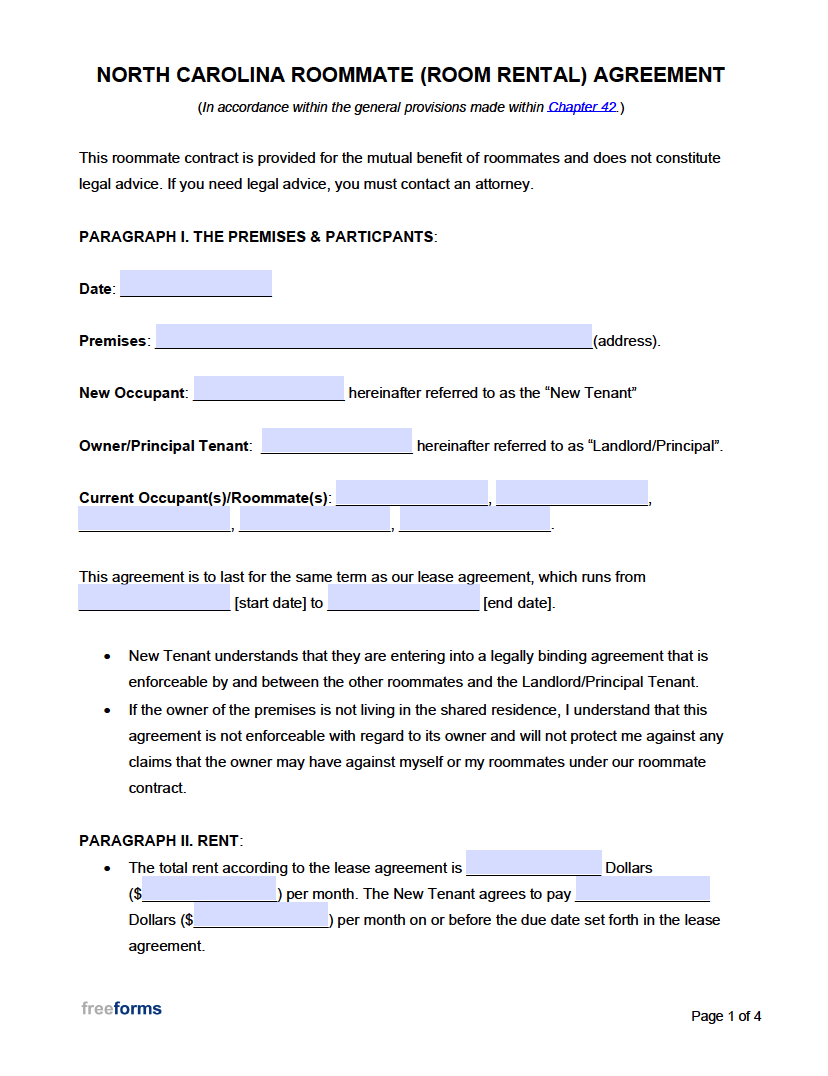 Free North Carolina Roommate Room Rental Agreement Template PDF WORD