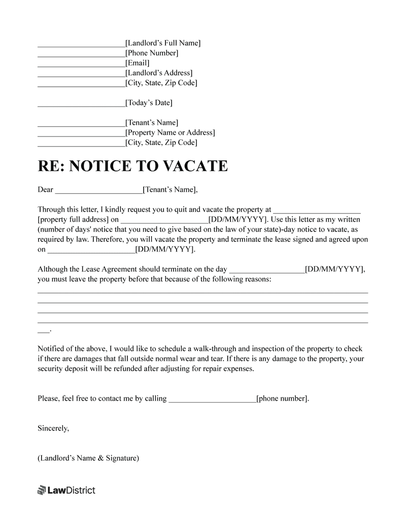Free Notice To Vacate Letter Sample Template LawDistrict