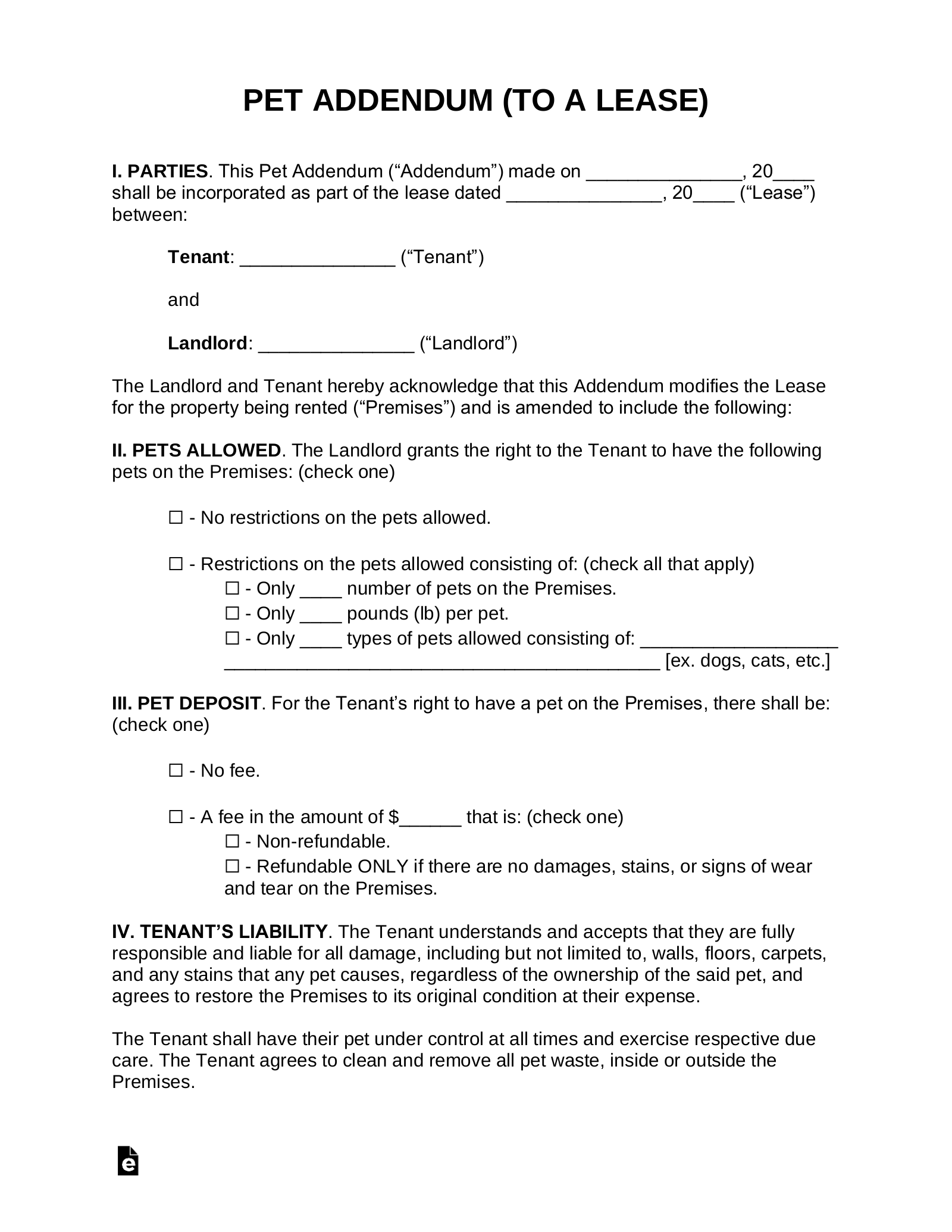 Free Pet Addendum To Lease PDF Word EForms