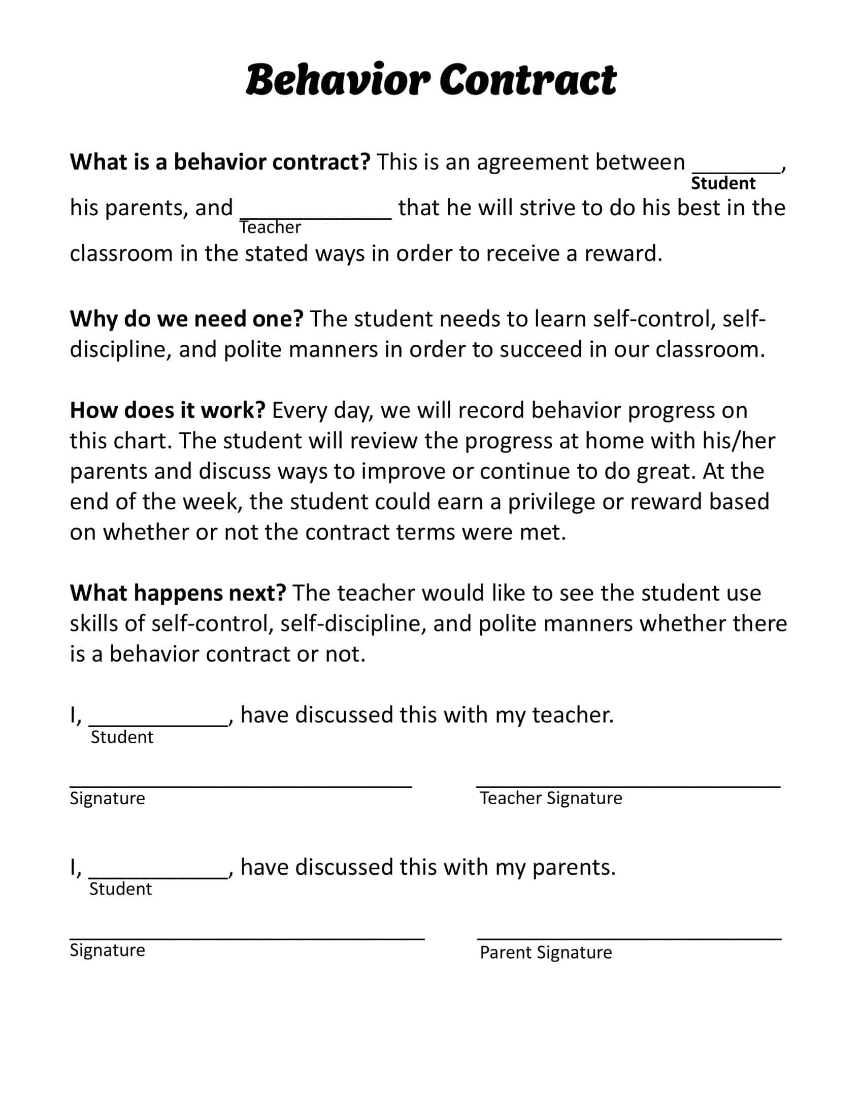 Free Printable Behavior Contract Templates PDF Word Home Adults