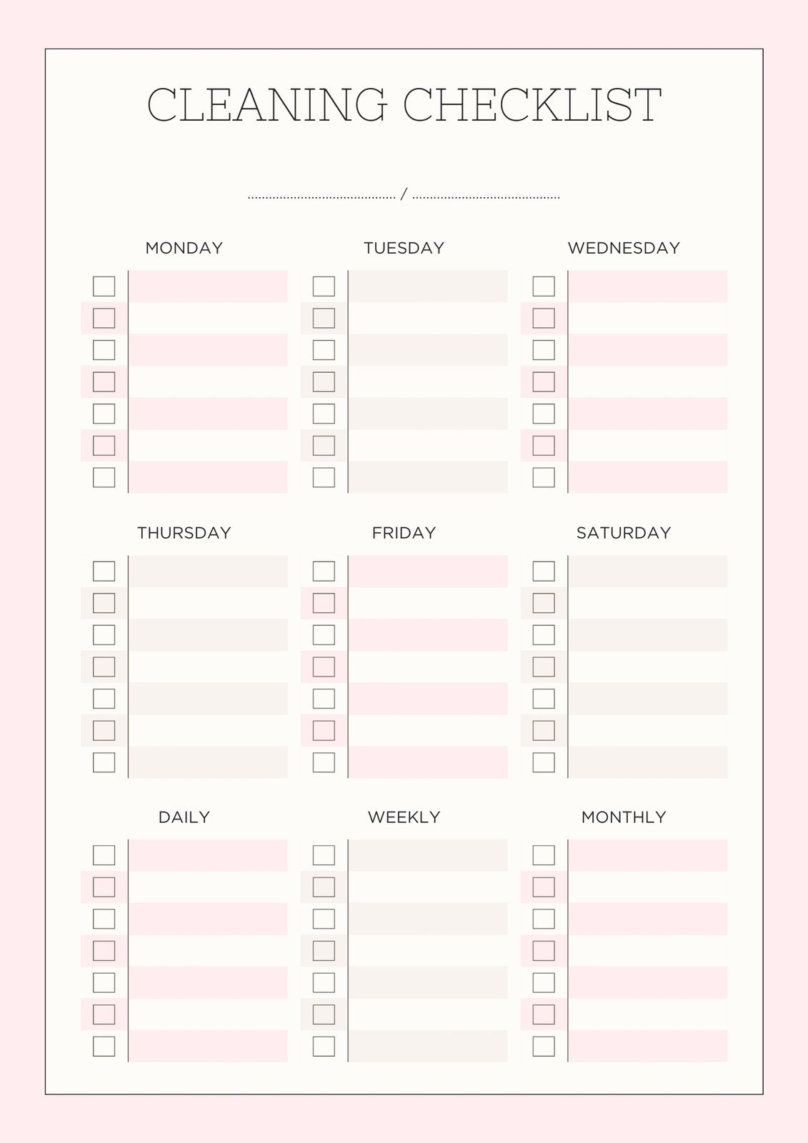 Housekeeping Daily Cleaning Checklist Format