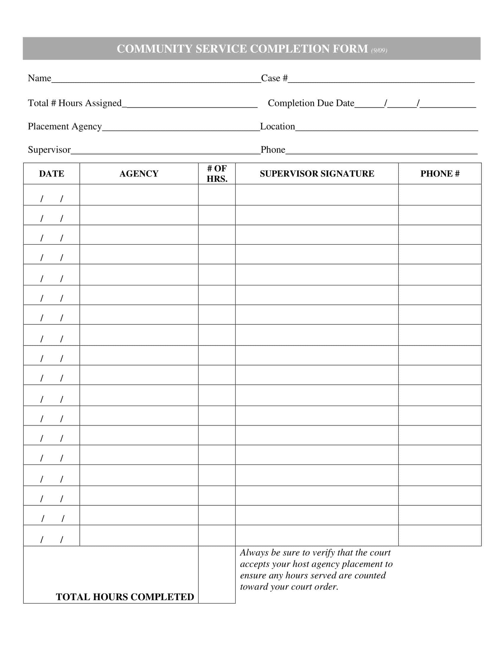 Community Service Forms For Court
