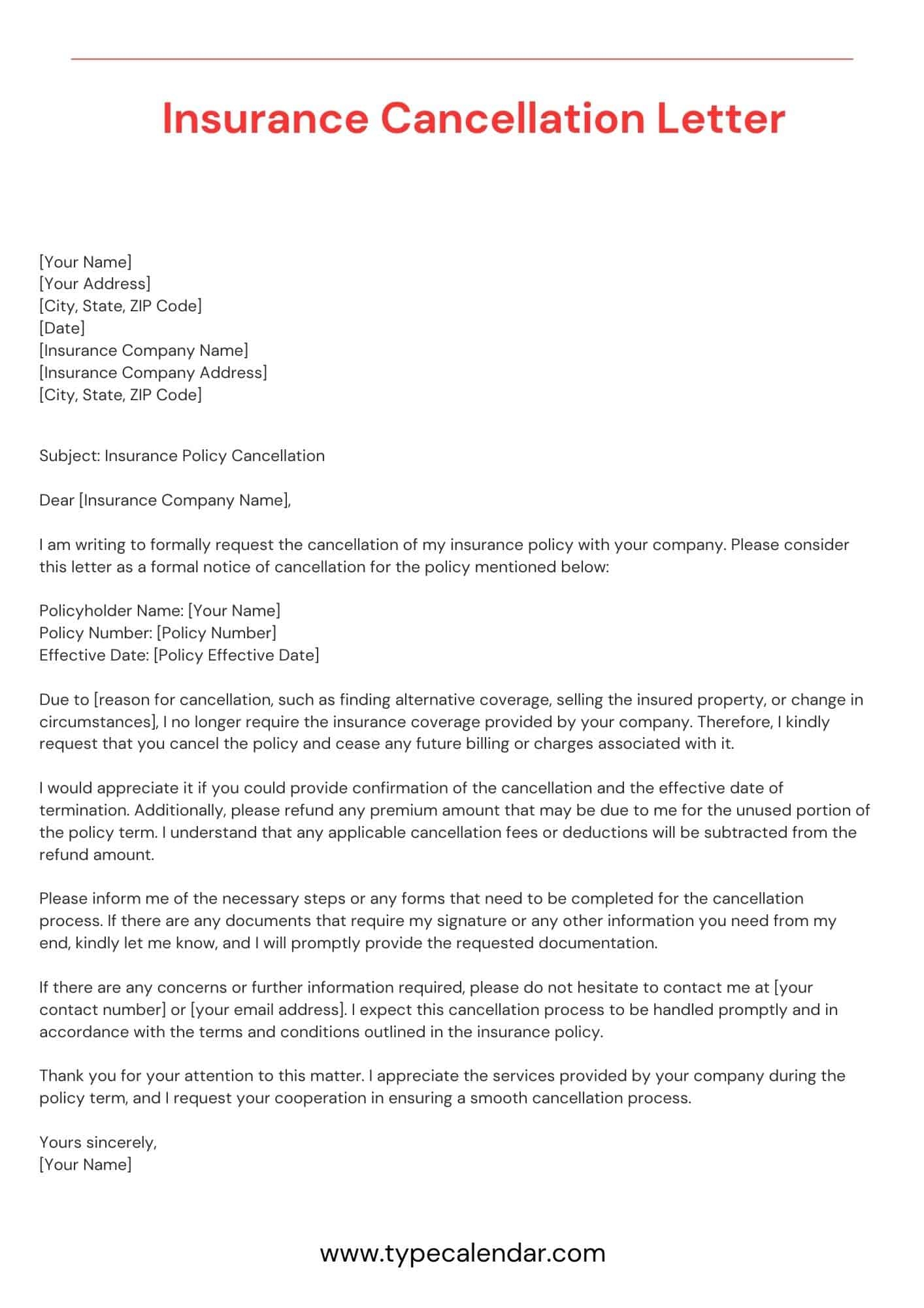 Free Printable Insurance Cancellation Letter Templates PDF Word 