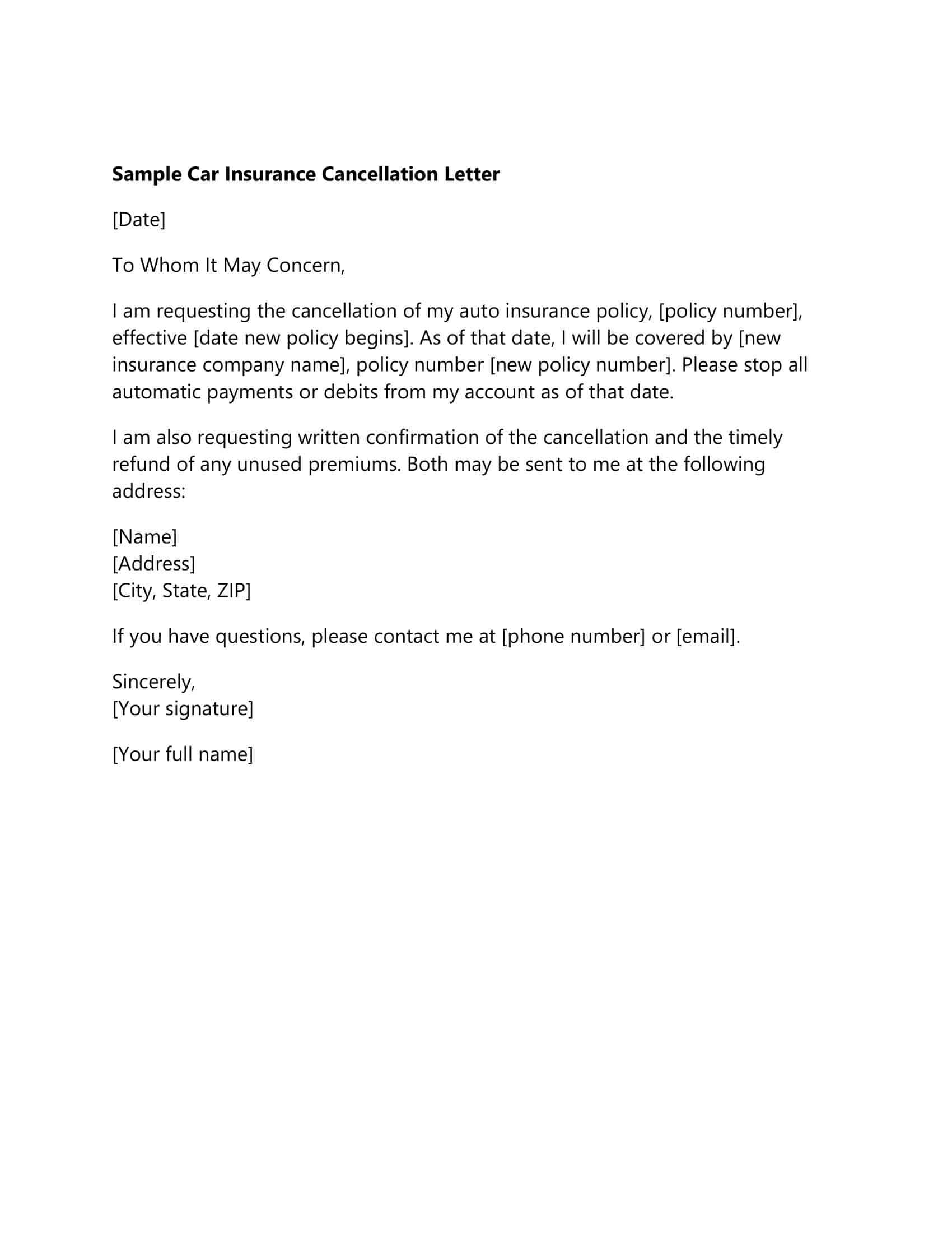Form Letter To Cancel Insurance