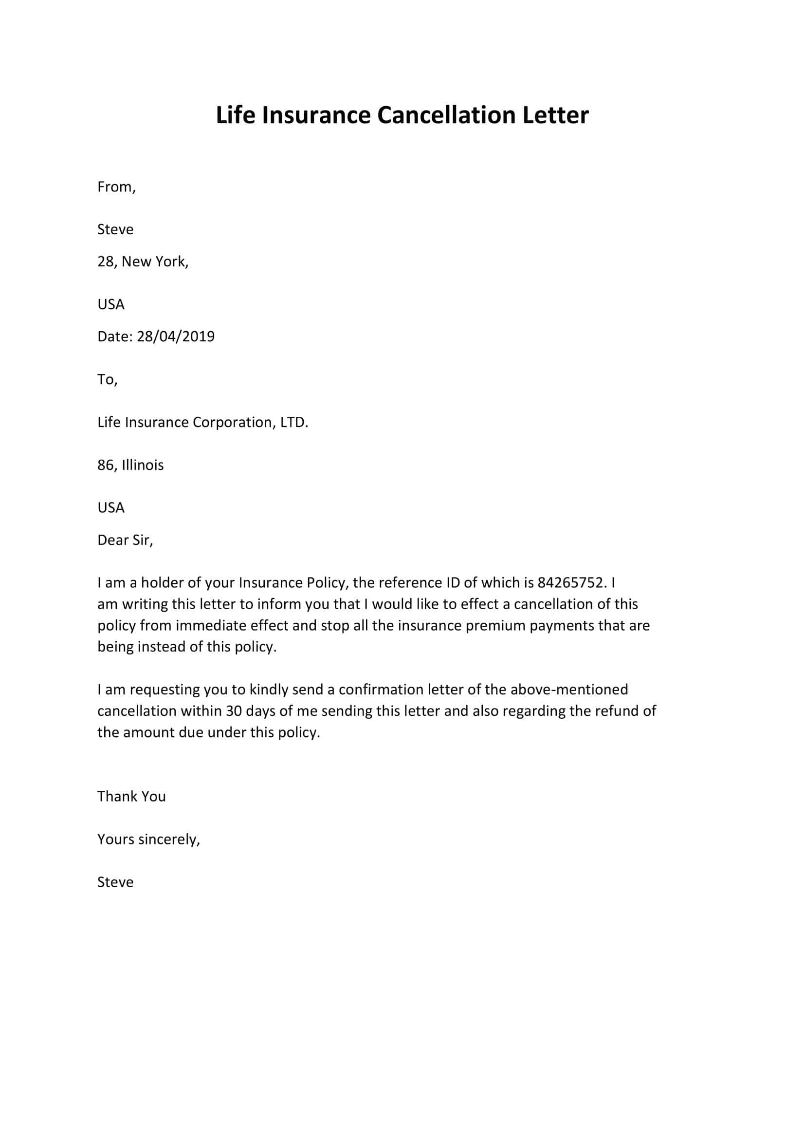 Letter Format For Cancellation Of Insurance Policy