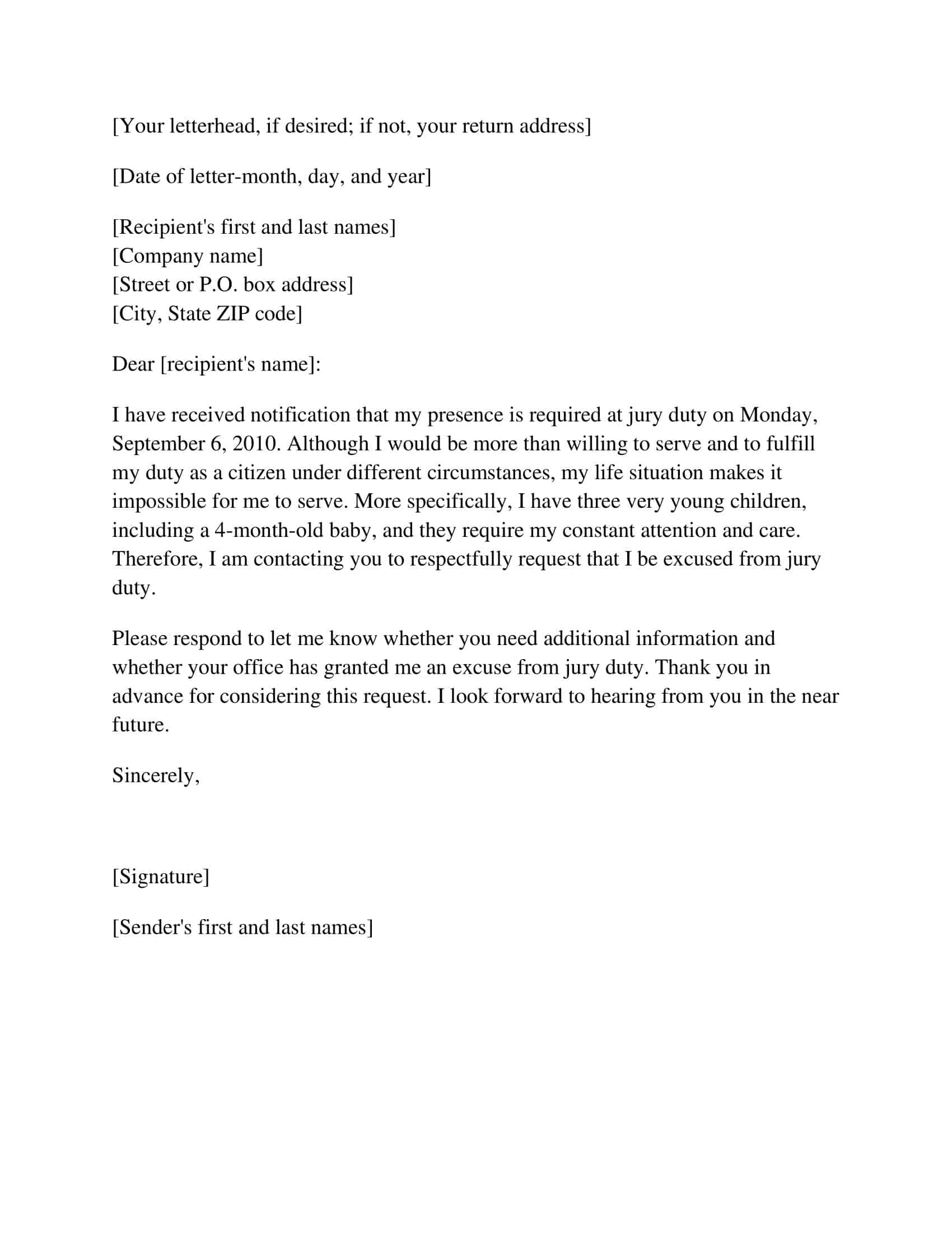 Free Printable Jury Duty Excuse Letter Templates PDF Employer Doctor