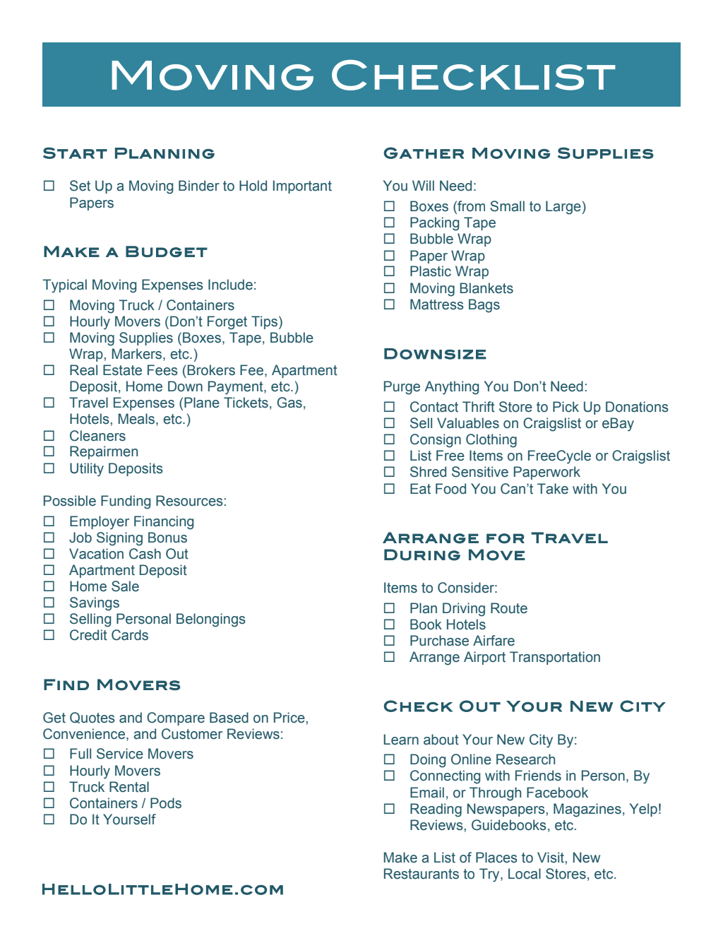 Moving Checklist Pdf Free Download