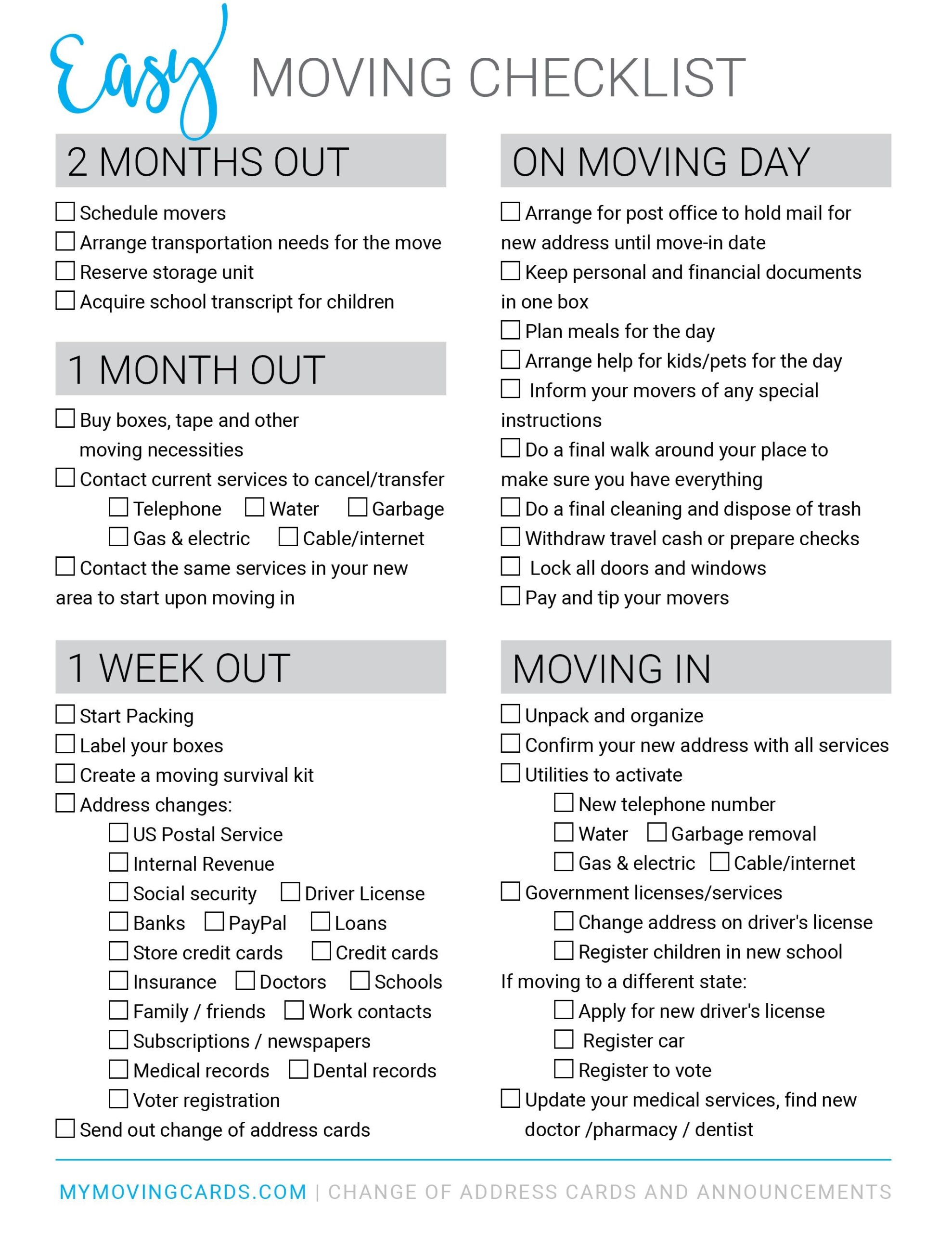 Free Printable Move In Checklist