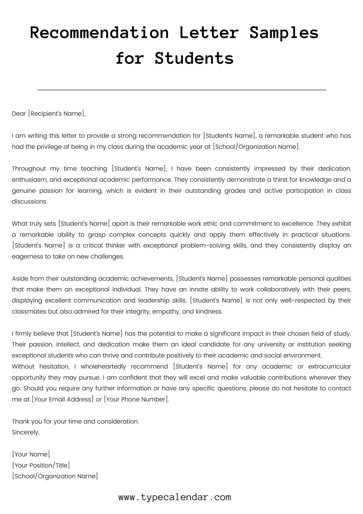 Letter Of Recommendation From A Teacher To A Student
