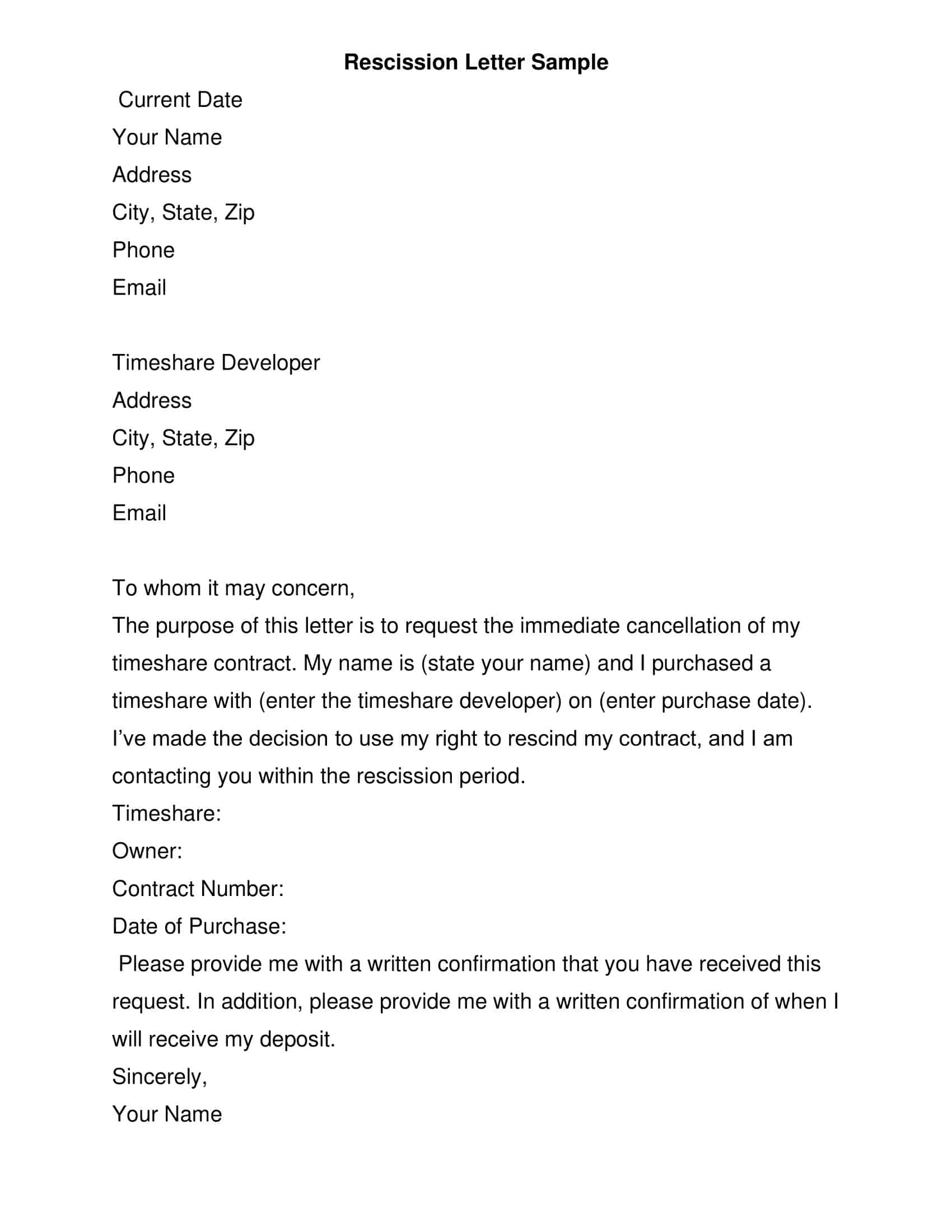 Timeshare Cancellation Letter After Rescission Period