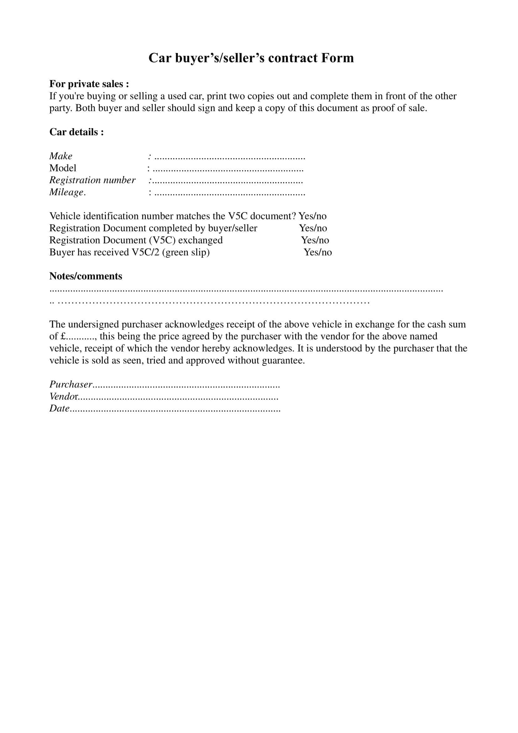 Sample Private Car Sale Contract